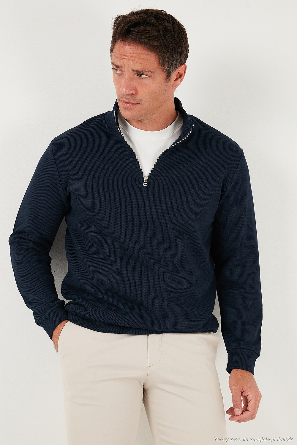 Pamuklu Relaxed Fit Yarım Fermuarlı Sıfır Yaka Örme Erkek Sweat 5901076 LACİVERT