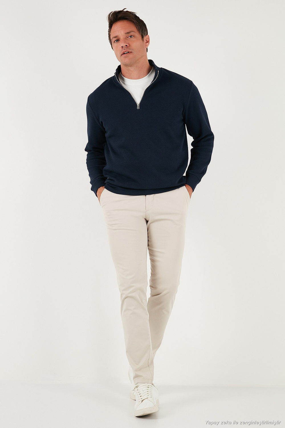 Pamuklu Relaxed Fit Yarım Fermuarlı Sıfır Yaka Örme Erkek Sweat 5901076 LACİVERT