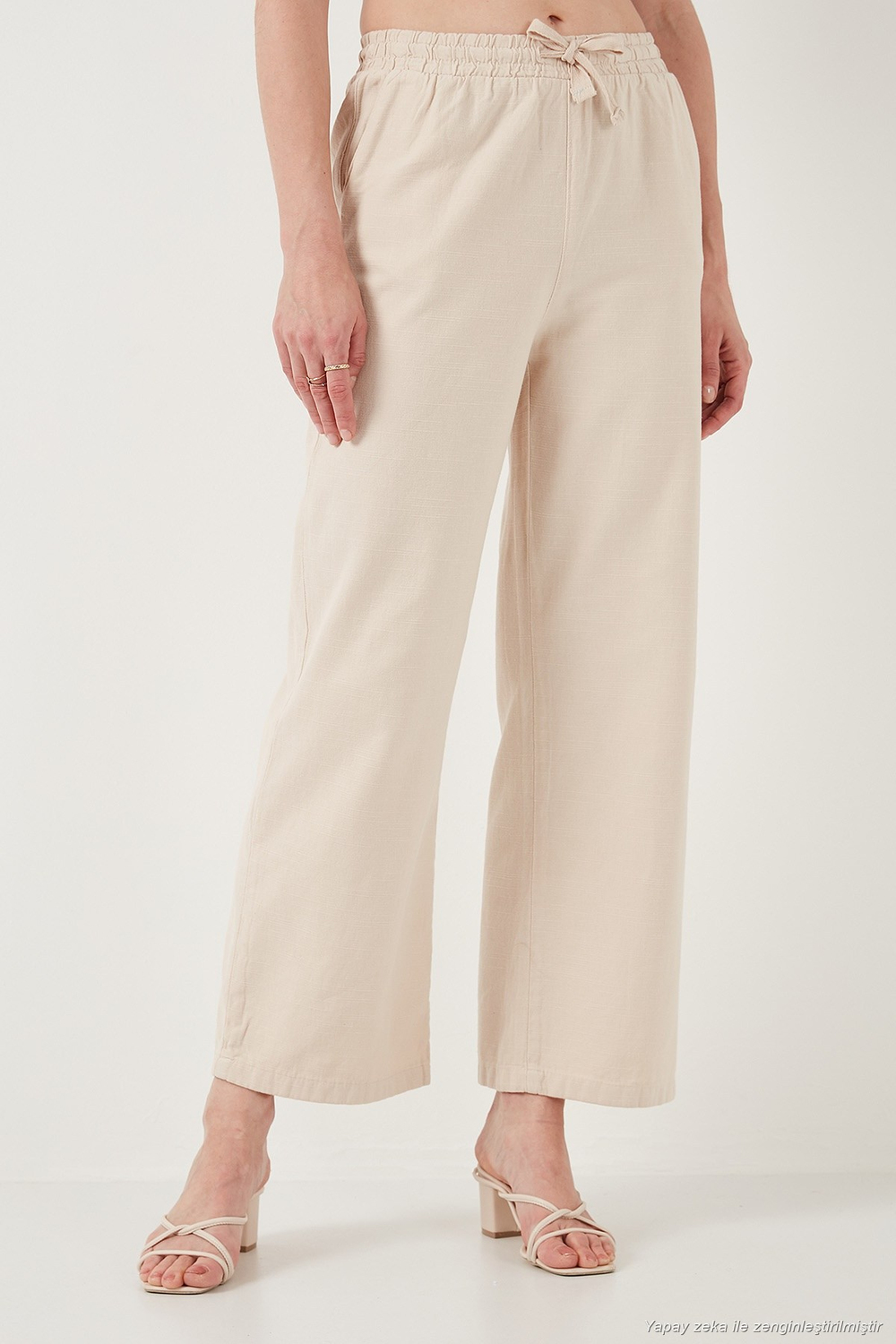 Pamuklu Relaxed Fit Yüksek Bel Bol Paça Kadın Pantolon 668YP5118 TAŞ