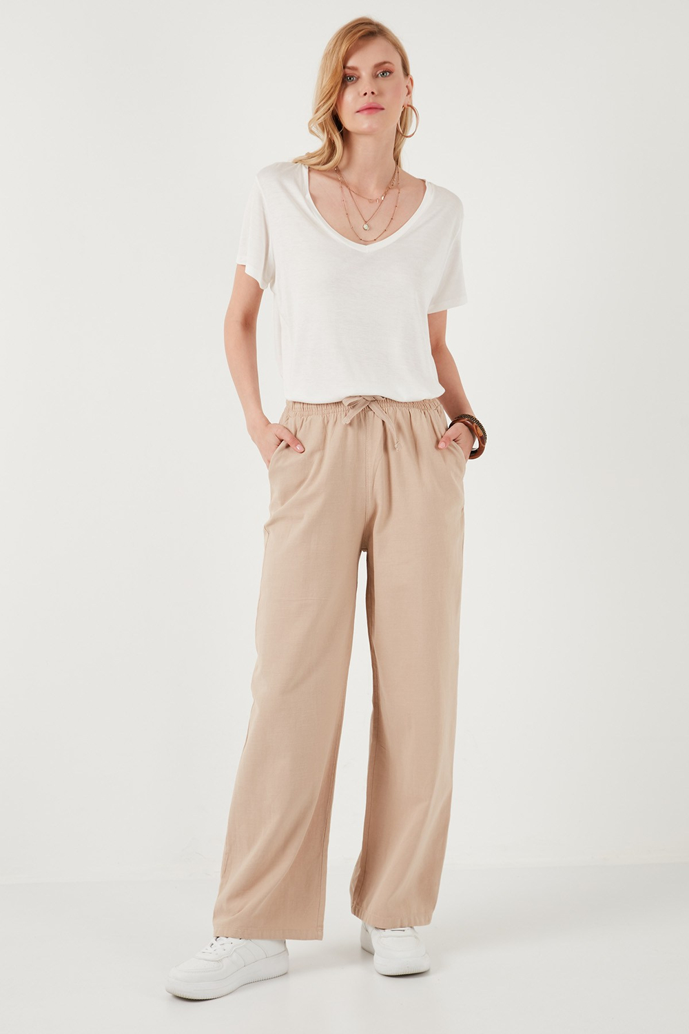 Pamuklu Relaxed Fit Yüksek Bel Bol Paça Kadın Pantolon 668YP5118 CAMEL