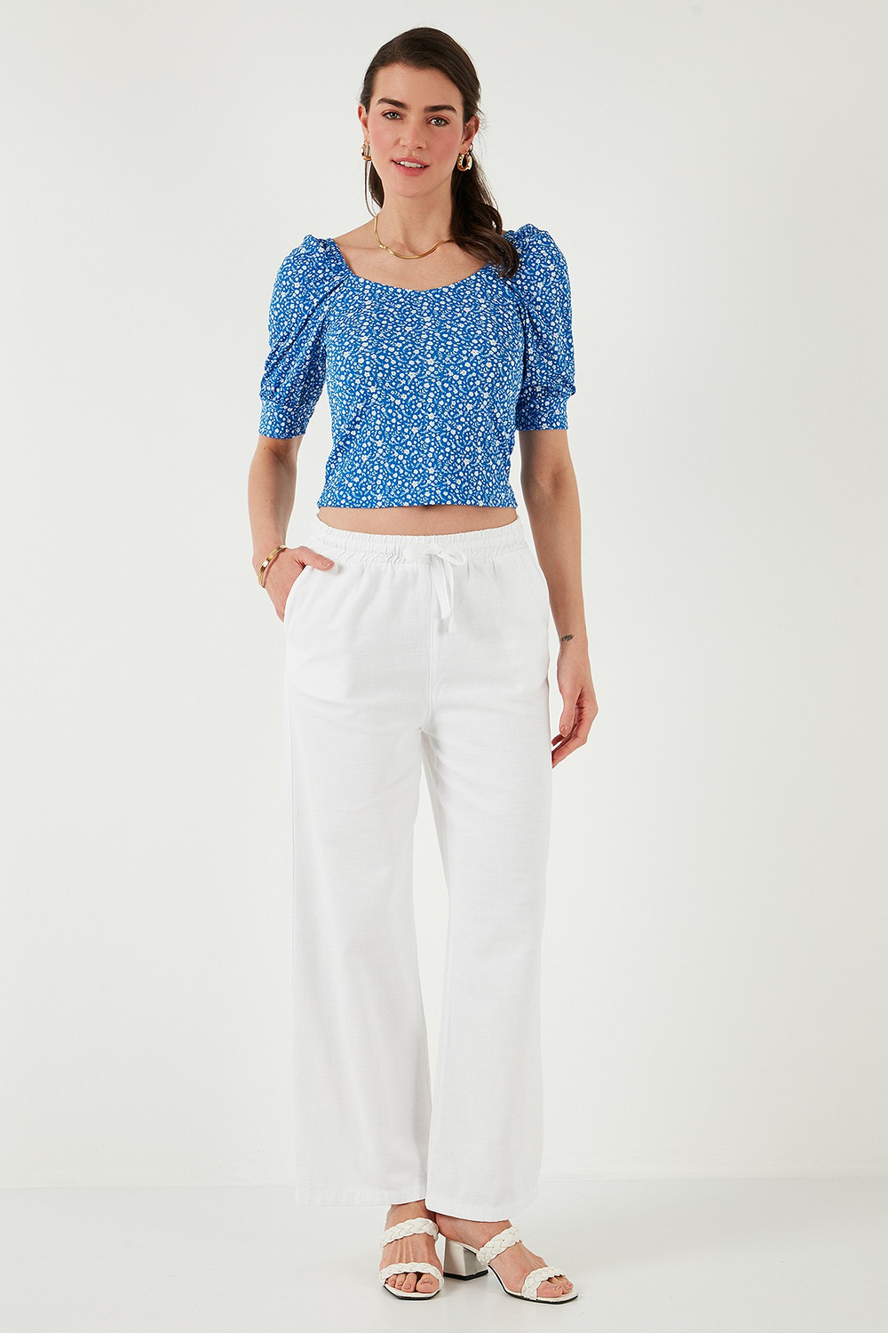 Pamuklu Relaxed Fit Yüksek Bel Bol Paça Kadın Pantolon 668YP5118 BEYAZ