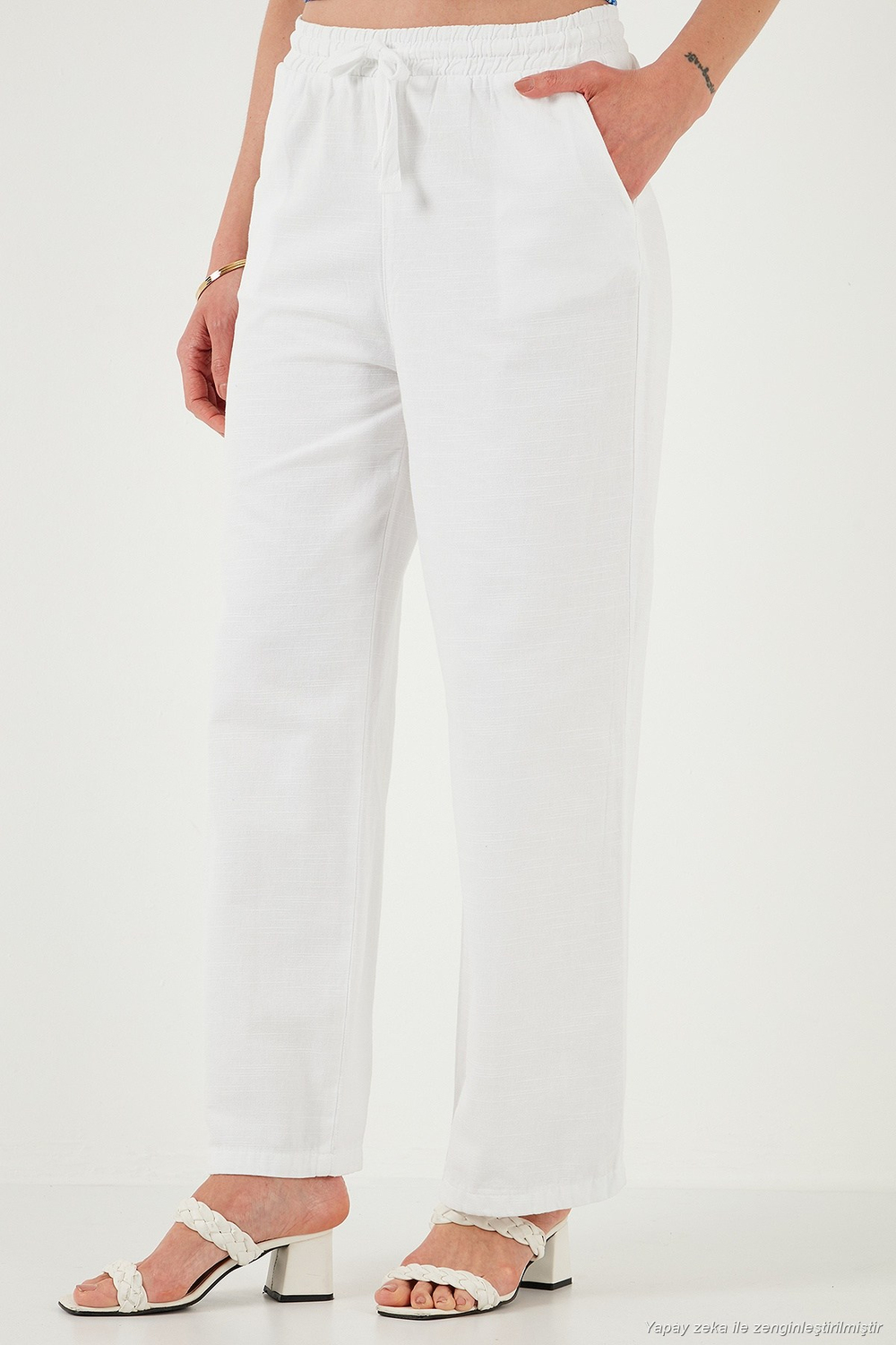 Pamuklu Relaxed Fit Yüksek Bel Bol Paça Kadın Pantolon 668YP5118 BEYAZ