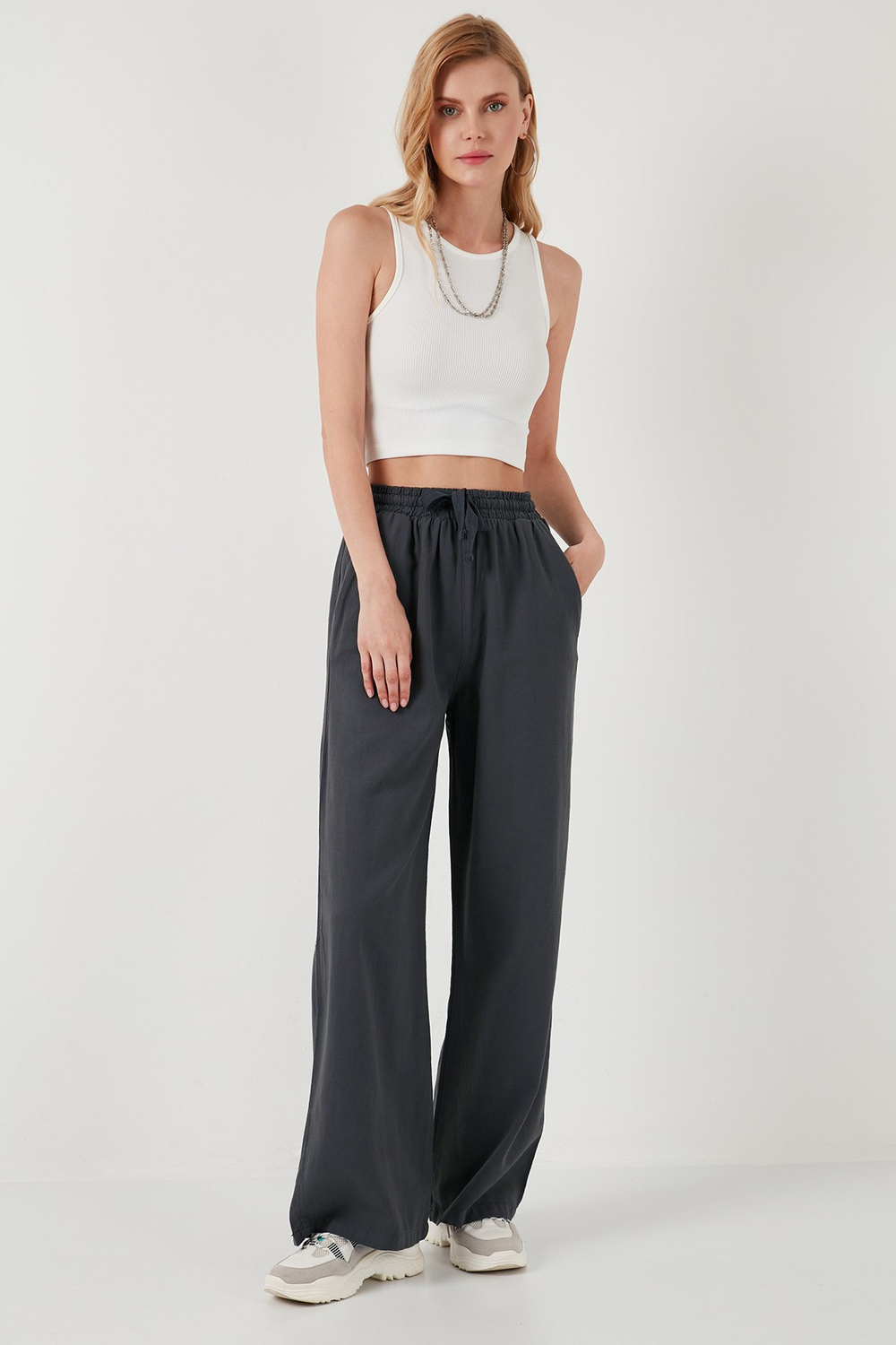 Pamuklu Relaxed Fit Yüksek Bel Bol Paça Kadın Pantolon 668YP5118 ANTRASİT