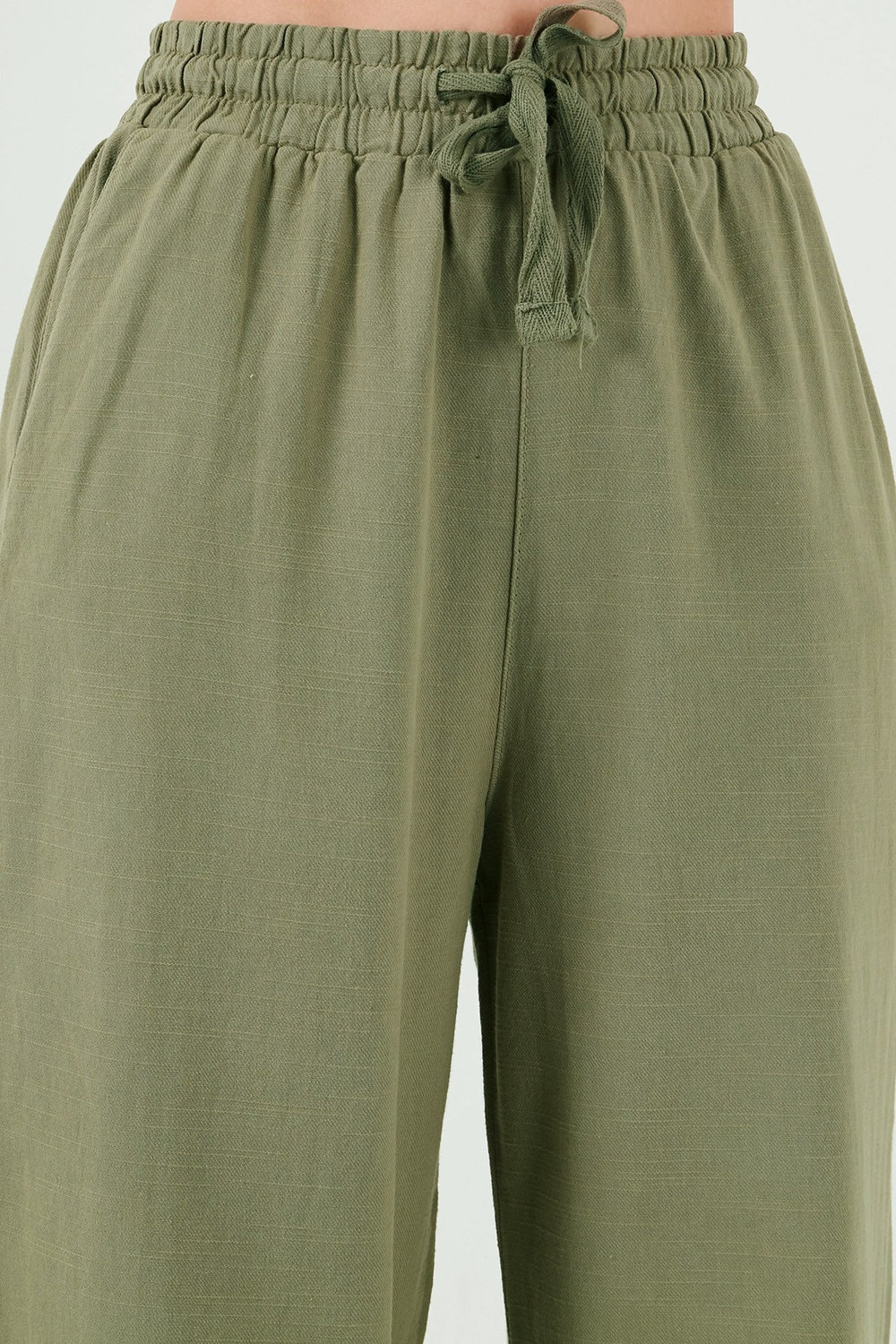Pamuklu Relaxed Fit Yüksek Bel Bol Paça Kadın Pantolon 668YP5118 HAKİ