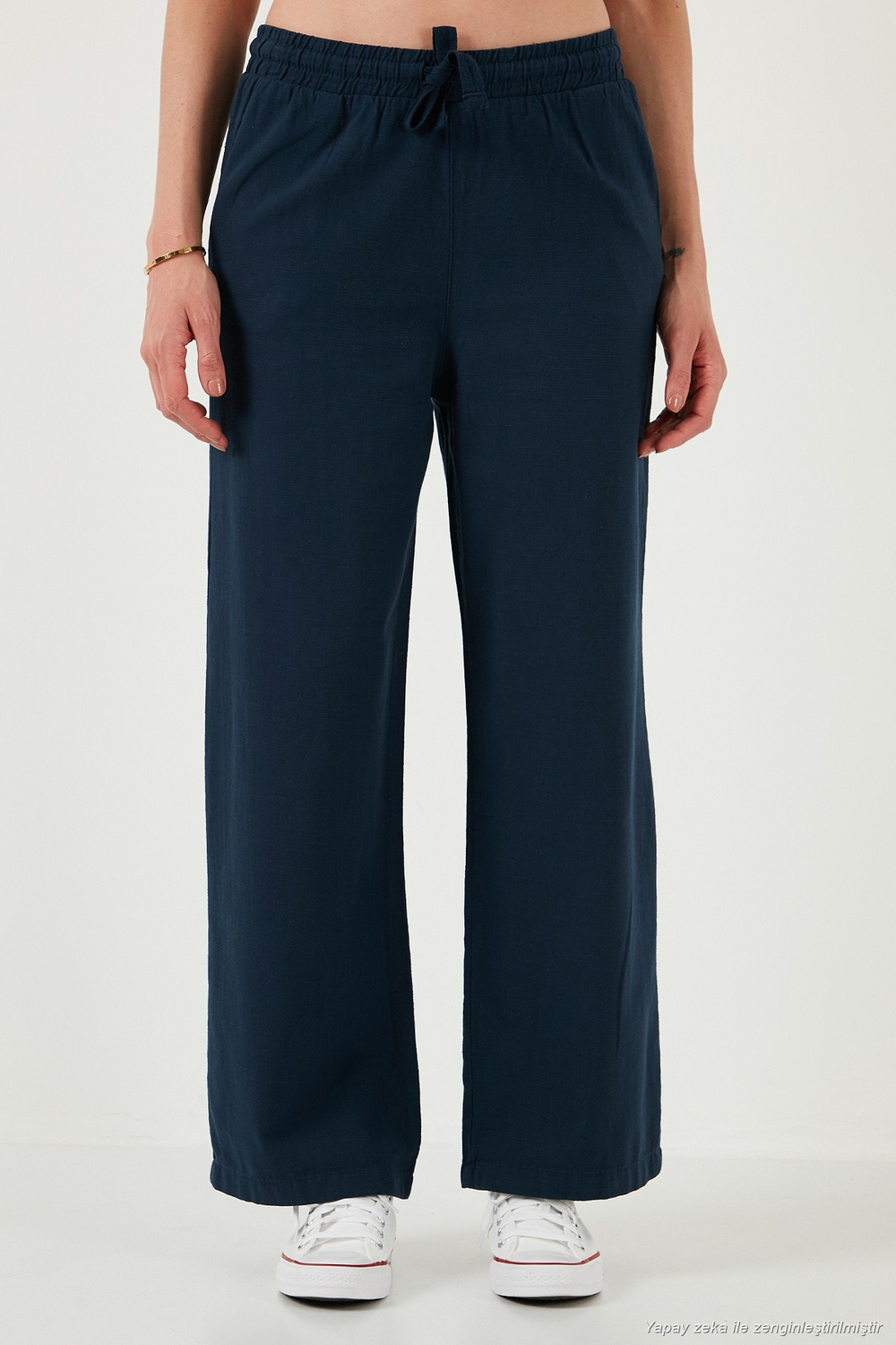 Pamuklu Relaxed Fit Yüksek Bel Bol Paça Kadın Pantolon 668YP5118 LACİVERT