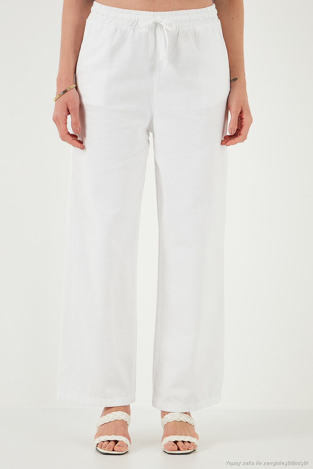 Pamuklu Relaxed Fit Yüksek Bel Bol Paça Kadın Pantolon 668YP5118 BEYAZ