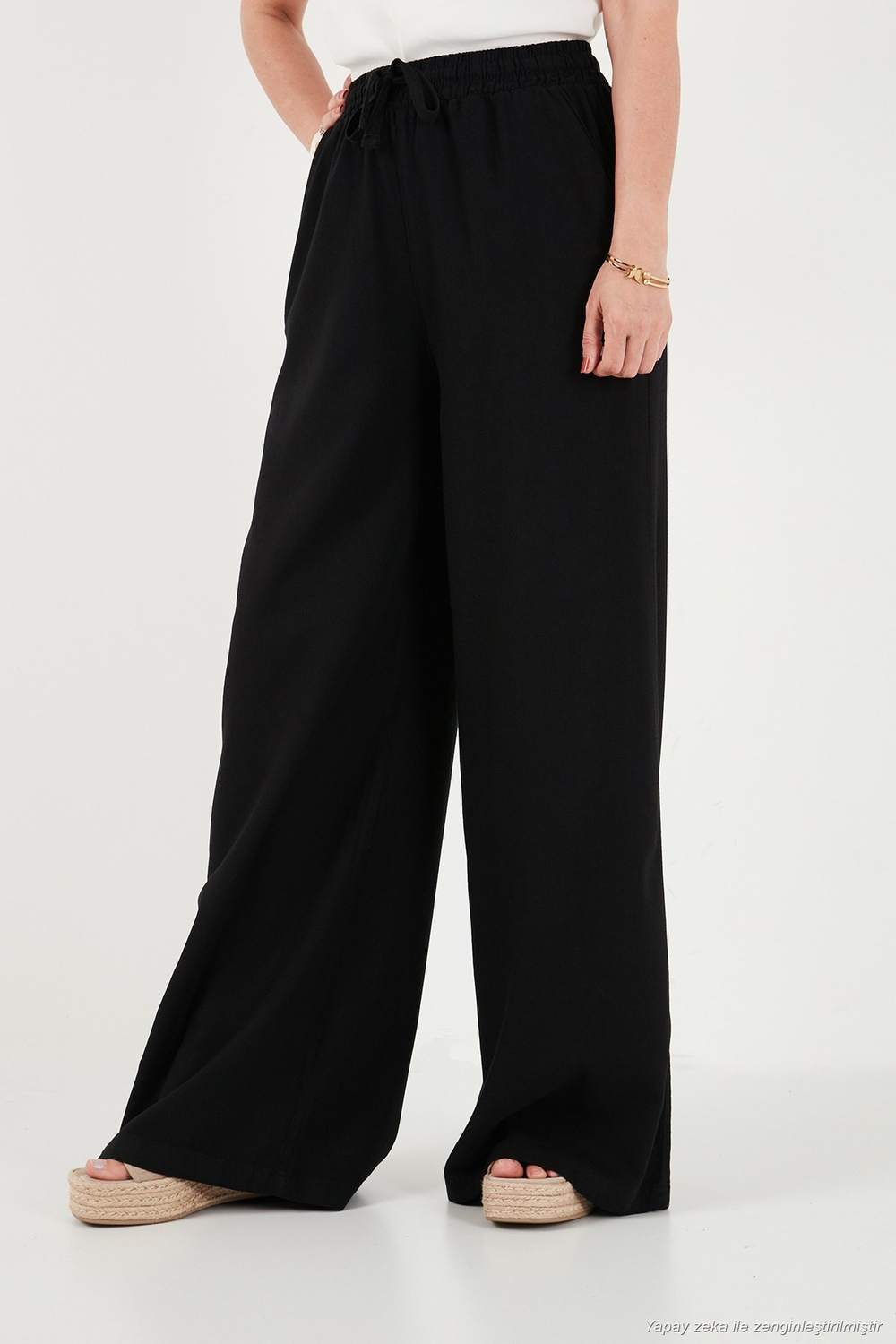 Pamuklu Relaxed Fit Yüksek Bel Geniş Paça Kadın Pantolon 668YP5559 SİYAH