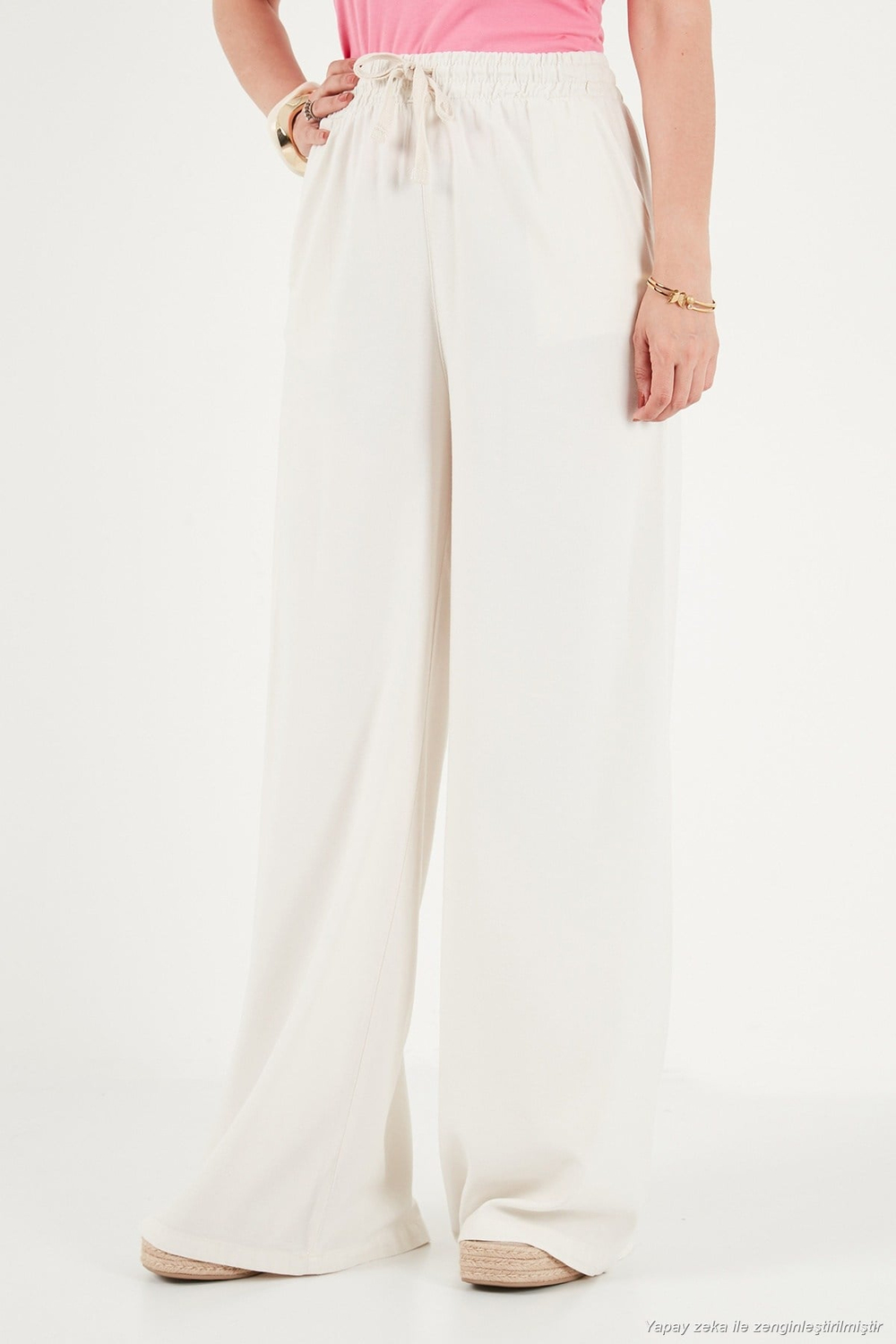 Pamuklu Relaxed Fit Yüksek Bel Geniş Paça Kadın Pantolon 668YP5559 EKRU