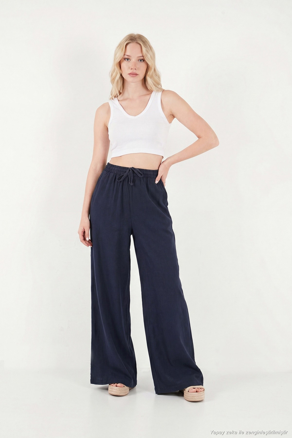 Pamuklu Relaxed Fit Yüksek Bel Geniş Paça Kadın Pantolon 668YP5559 LACİVERT