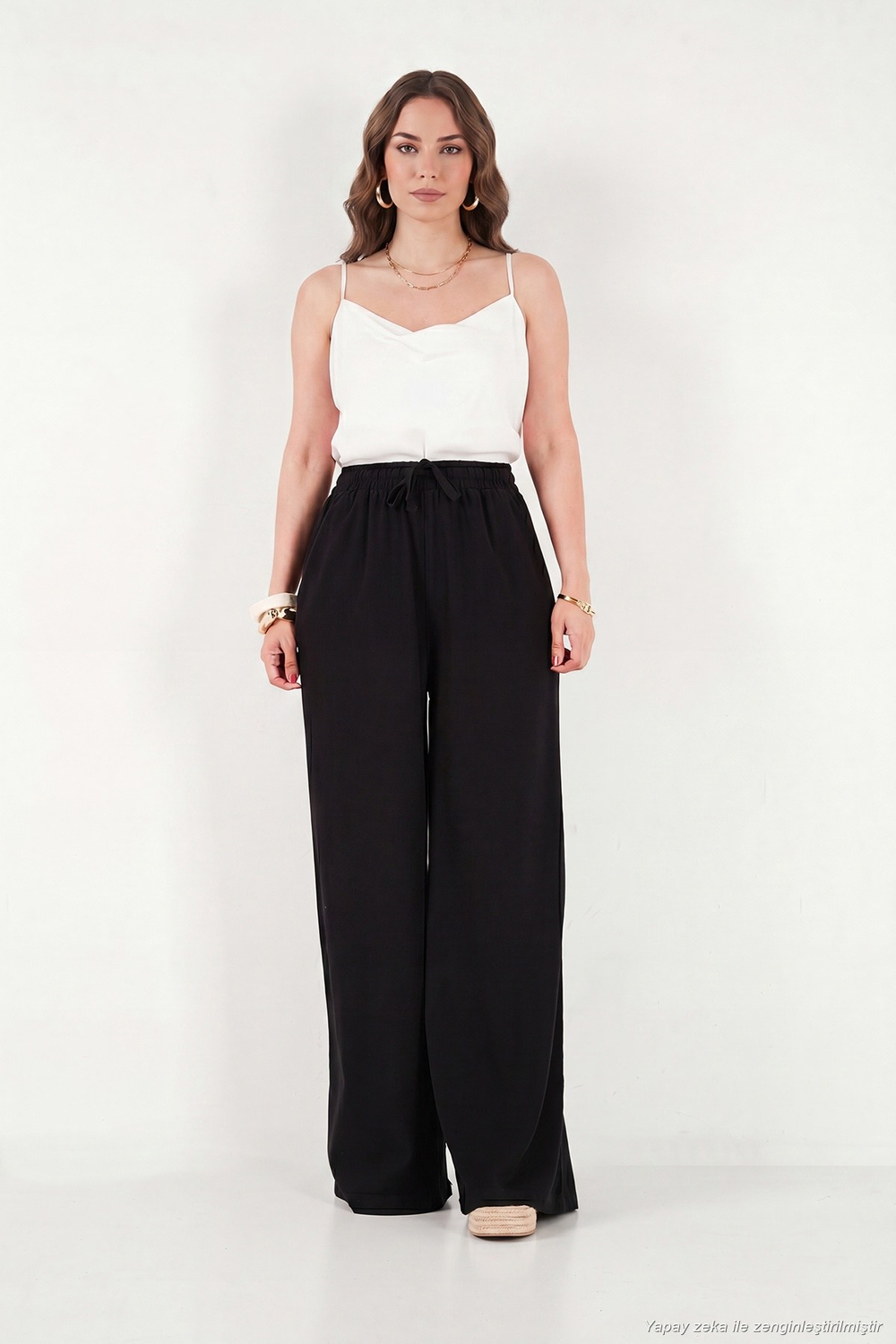 Pamuklu Relaxed Fit Yüksek Bel Geniş Paça Kadın Pantolon 668YP5559 SİYAH