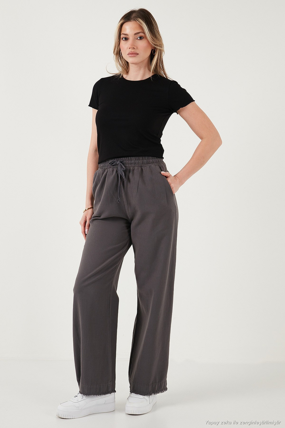 Pamuklu Relaxed Fit Yüksek Bel Geniş Paça Kadın Pantolon 668YP5275 ANTRASİT