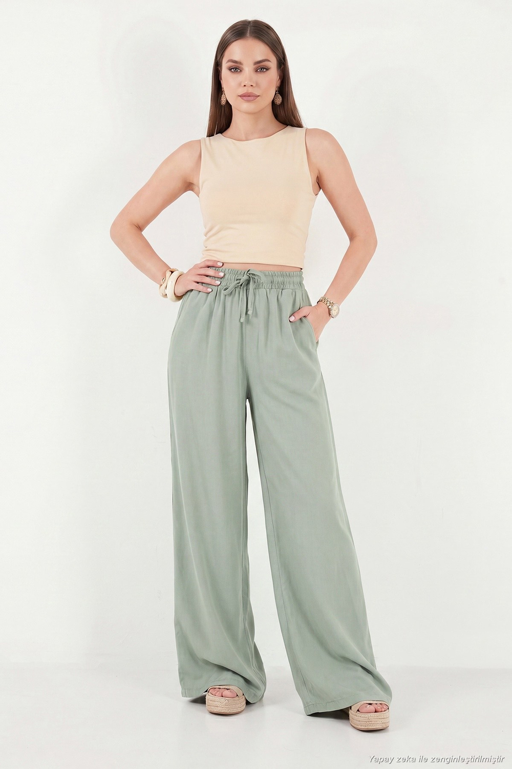 Pamuklu Relaxed Fit Yüksek Bel Geniş Paça Kadın Pantolon 668YP5559 AÇIK HAKİ