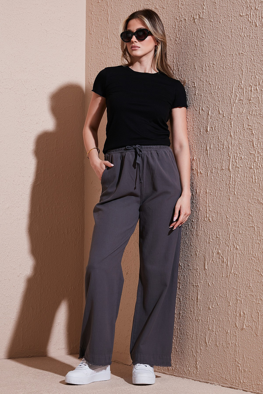 Pamuklu Relaxed Fit Yüksek Bel Geniş Paça Kadın Pantolon 668YP5275 ANTRASİT