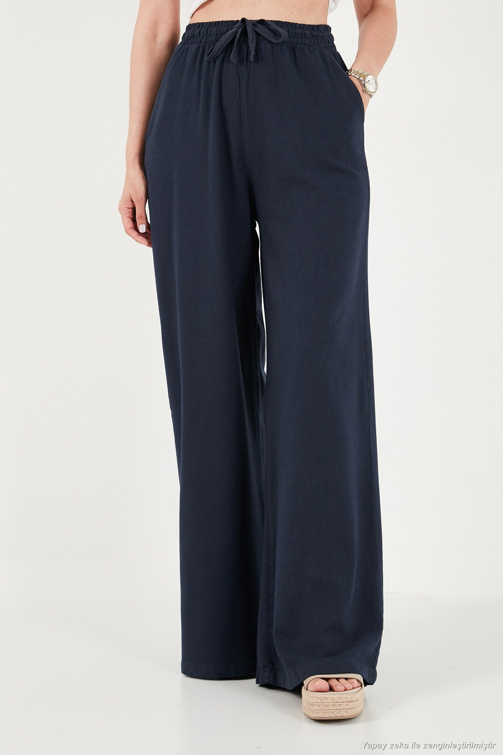 Pamuklu Relaxed Fit Yüksek Bel Geniş Paça Kadın Pantolon 668YP5559 LACİVERT