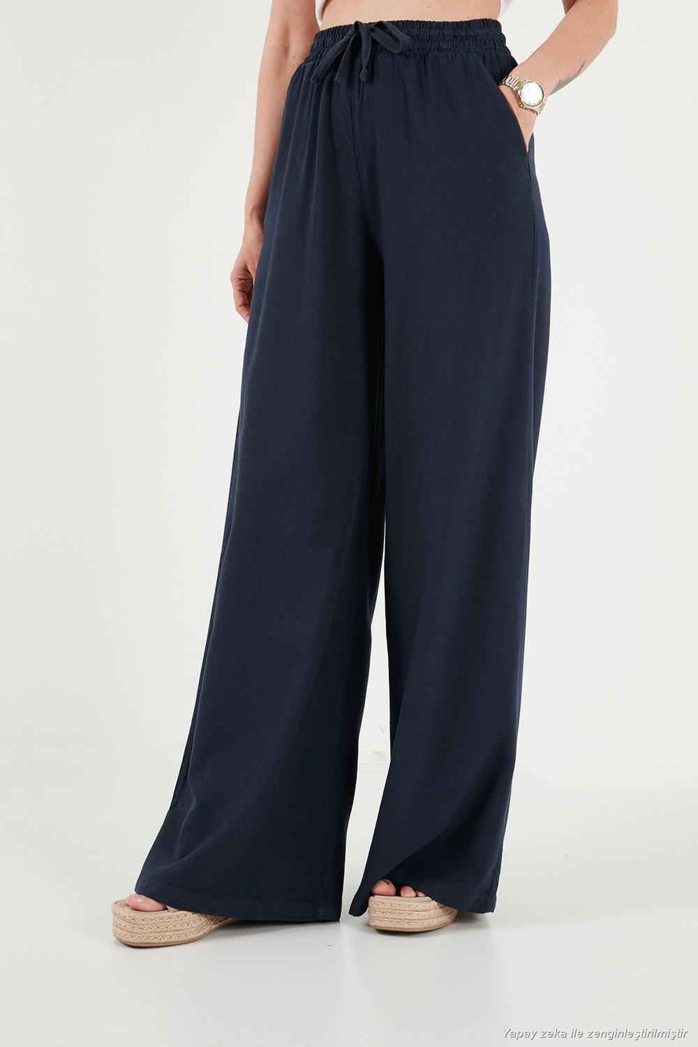 Pamuklu Relaxed Fit Yüksek Bel Geniş Paça Kadın Pantolon 668YP5559 LACİVERT