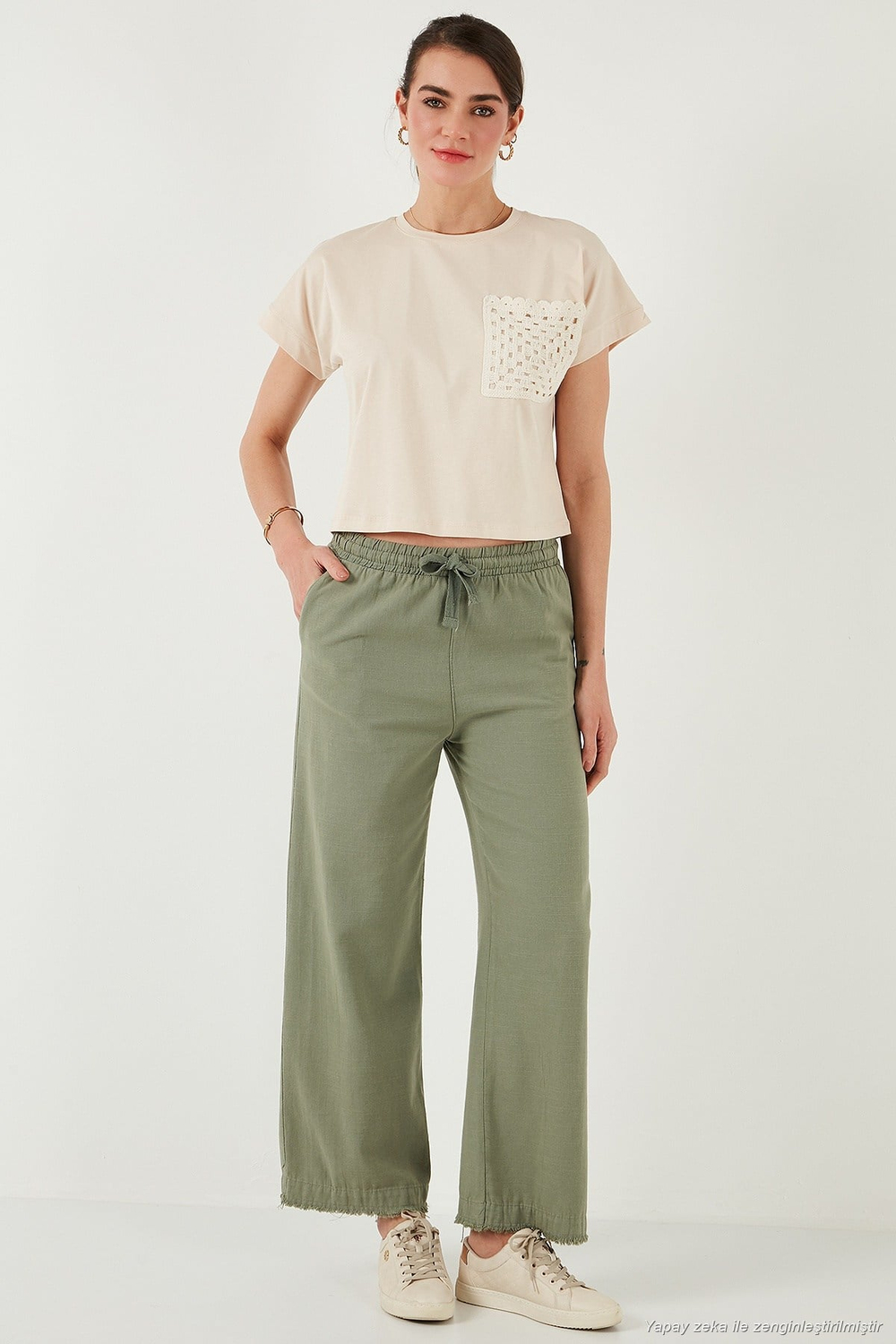 Pamuklu Relaxed Fit Yüksek Bel Geniş Paça Kadın Pantolon 668YP5275 HAKİ