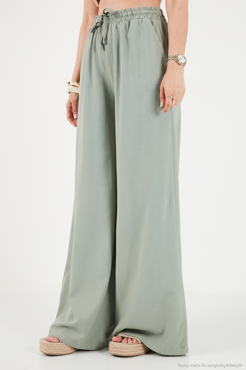 Pamuklu Relaxed Fit Yüksek Bel Geniş Paça Kadın Pantolon 668YP5559 AÇIK HAKİ