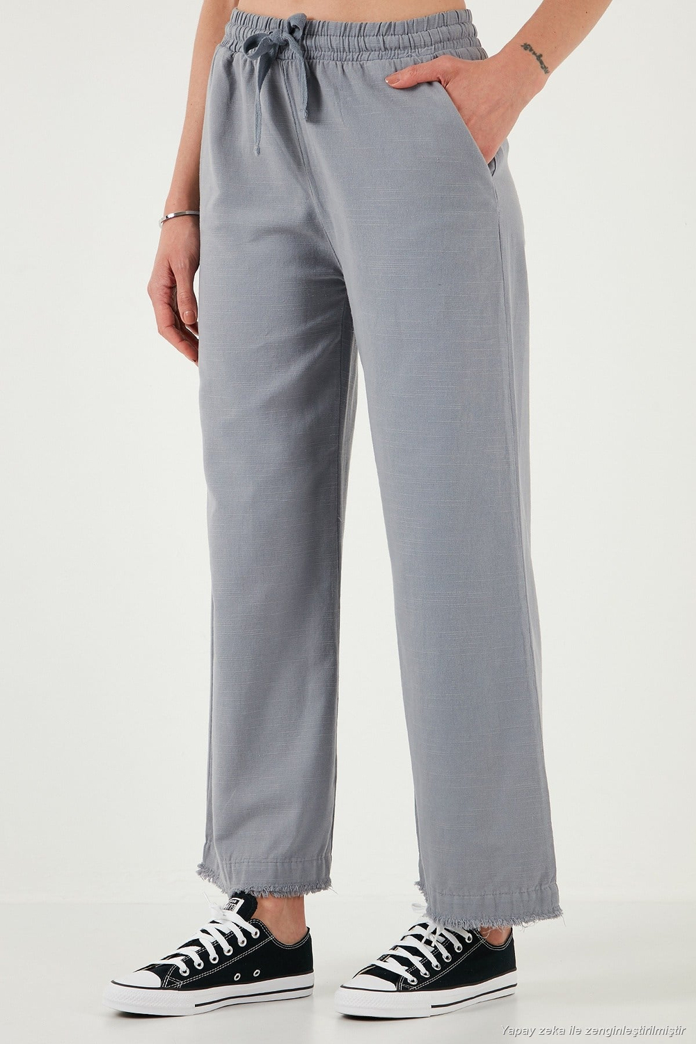 Pamuklu Relaxed Fit Yüksek Bel Geniş Paça Kadın Pantolon 668YP5275 GRİ