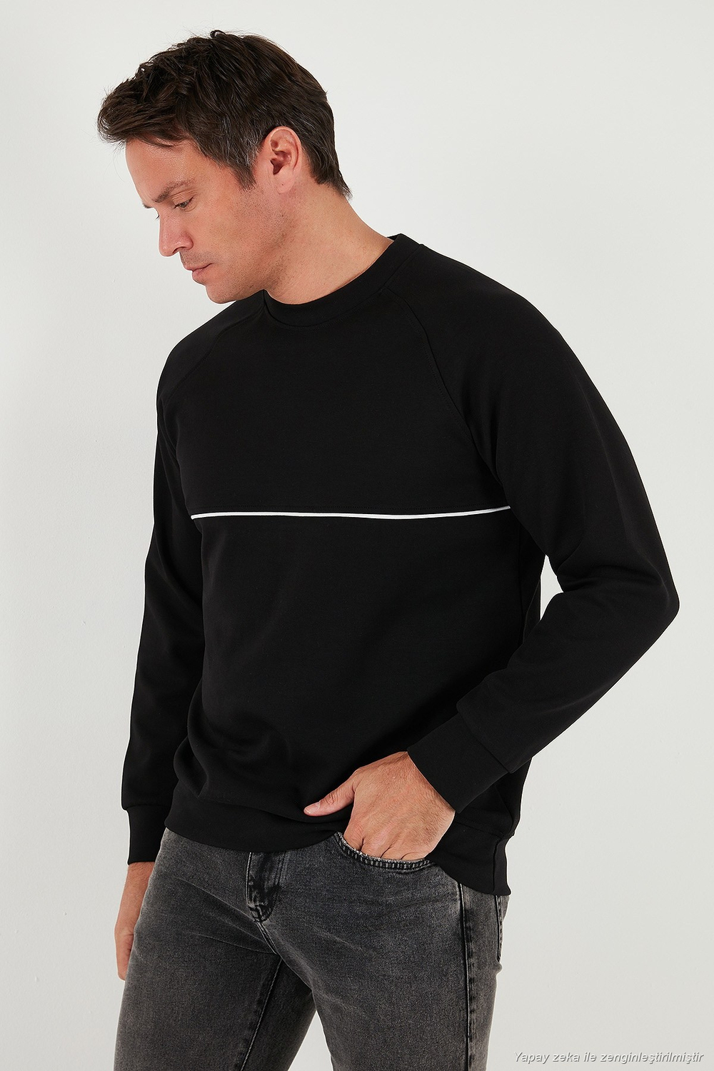 Pamuklu Şerit Detaylı Relaxed Fit Bisiklet Yaka Erkek Sweat 5901227 SİYAH