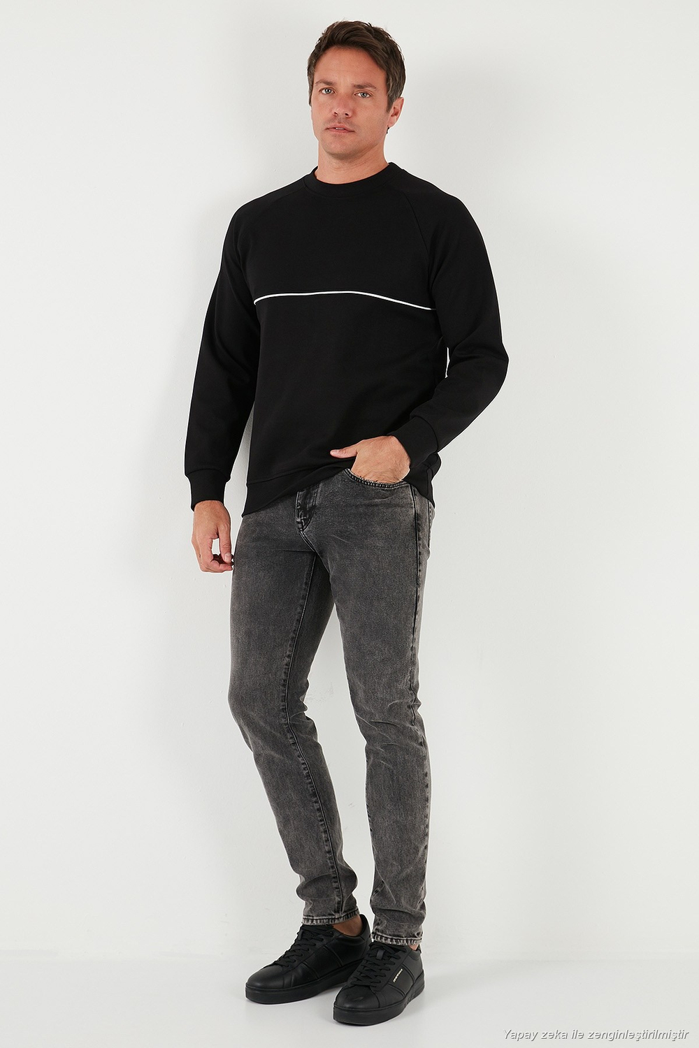 Pamuklu Şerit Detaylı Relaxed Fit Bisiklet Yaka Erkek Sweat 5901227 SİYAH