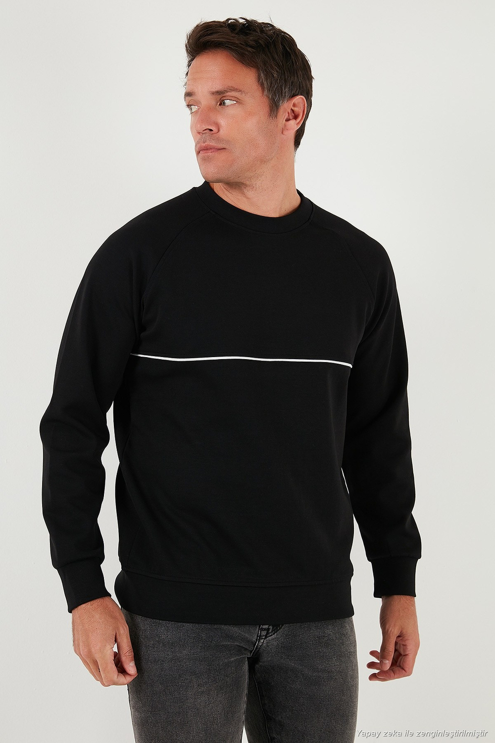 Pamuklu Şerit Detaylı Relaxed Fit Bisiklet Yaka Erkek Sweat 5901227 SİYAH