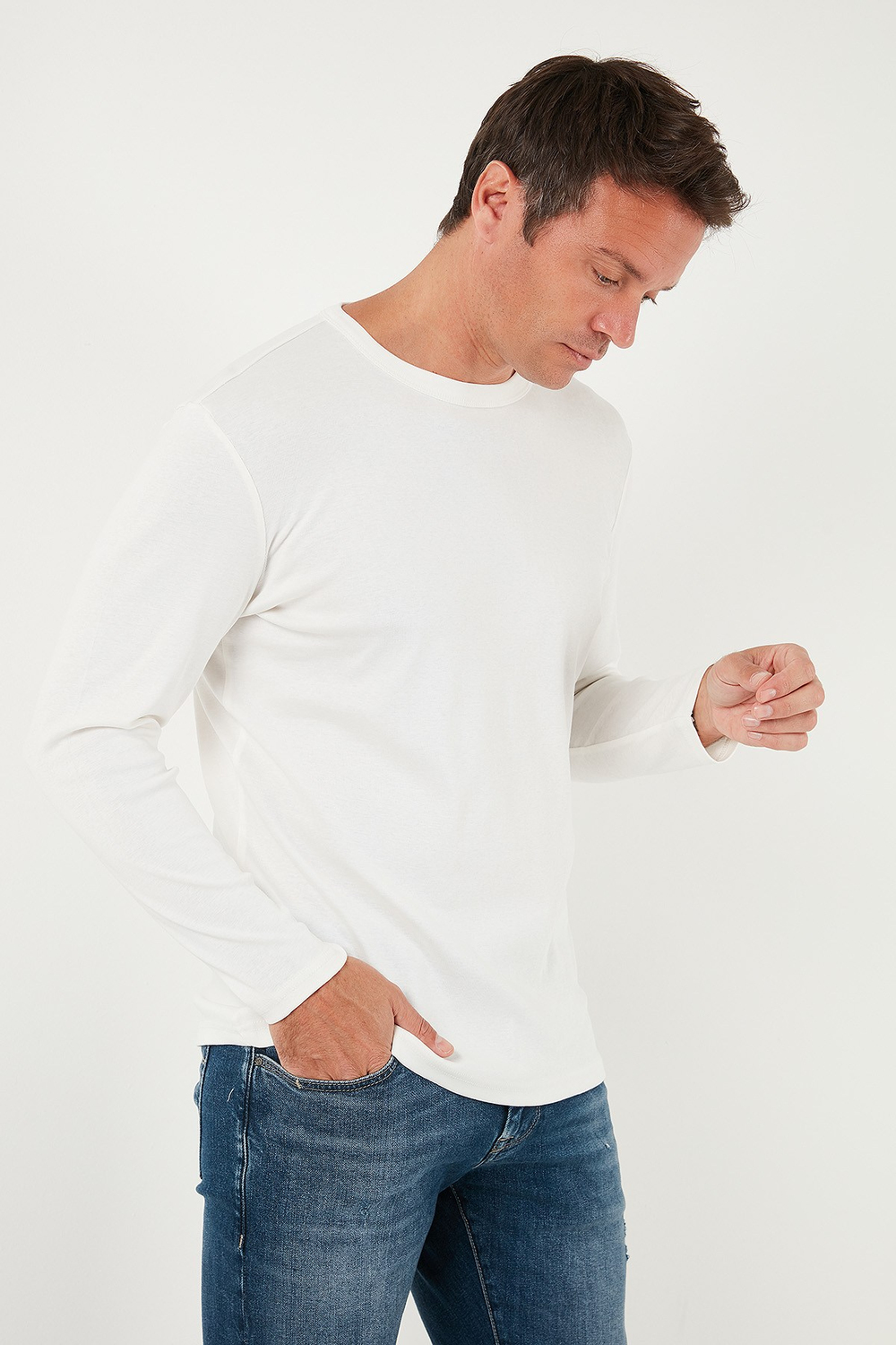 Pamuklu Slim Fit Bisiklet Yaka Basic Erkek Sweat 59050741 EKRU