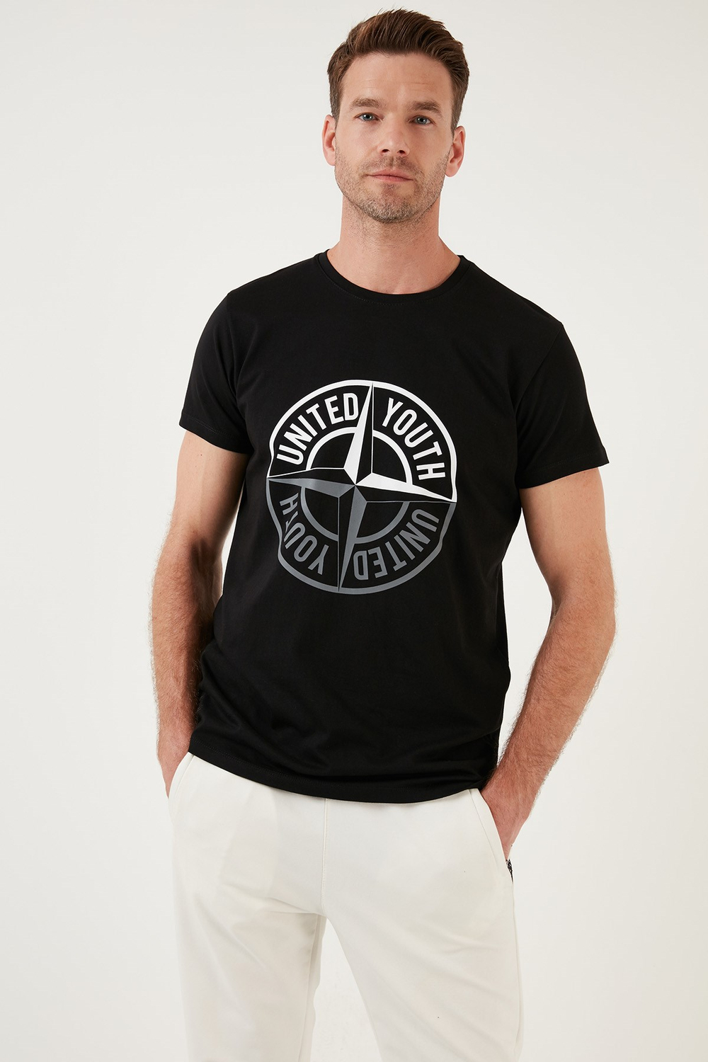 Pamuklu Slim Fit Bisiklet Yaka Baskılı 3lü Paket Erkek T Shirt 541S31 Antrasit-Siyah-Açık Gri