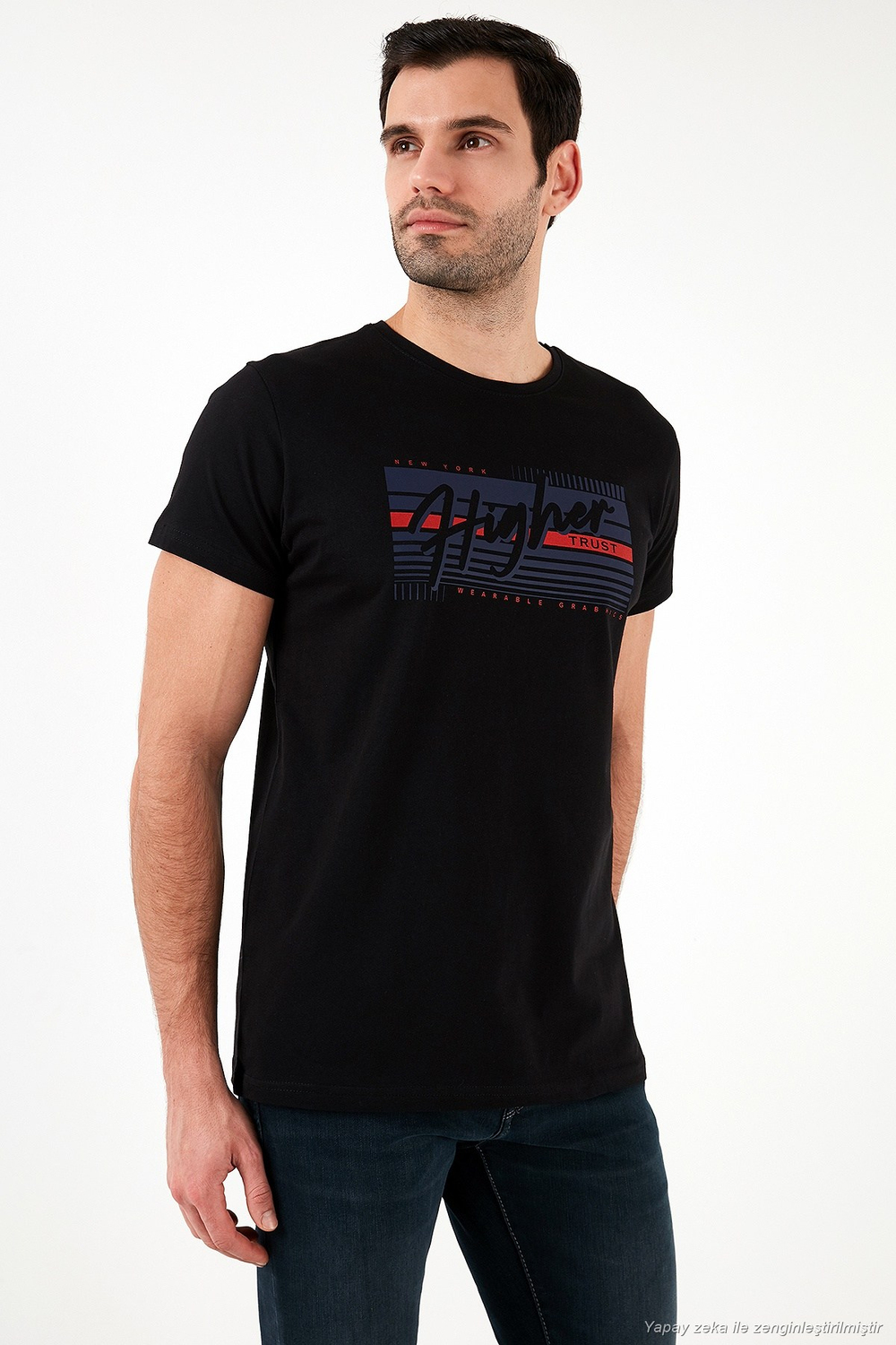 Pamuklu Slim Fit Bisiklet Yaka Baskılı Erkek T Shirt 541HIGHER SİYAH