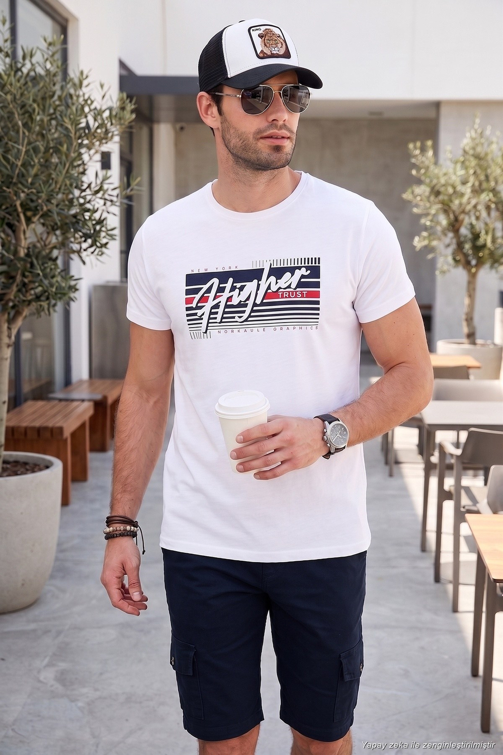 Pamuklu Slim Fit Bisiklet Yaka Baskılı Erkek T Shirt 541HIGHER BEYAZ