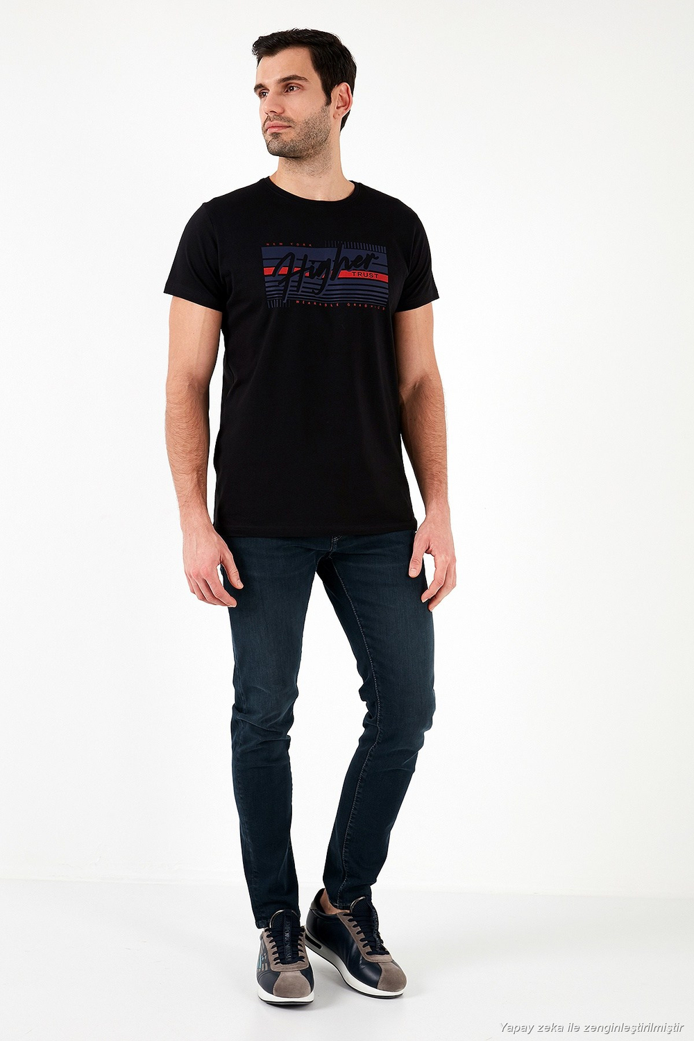 Pamuklu Slim Fit Bisiklet Yaka Baskılı Erkek T Shirt 541HIGHER SİYAH
