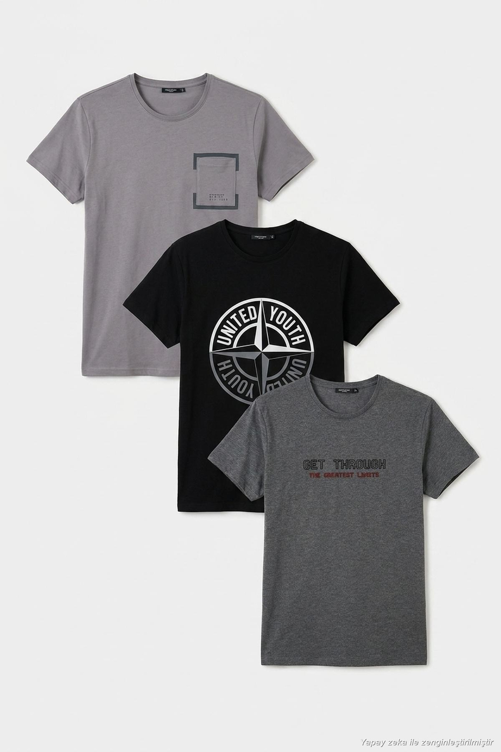 Pamuklu Slim Fit Bisiklet Yaka Baskılı 3lü Paket Erkek T Shirt 541S31 Antrasit-Siyah-Açık Gri