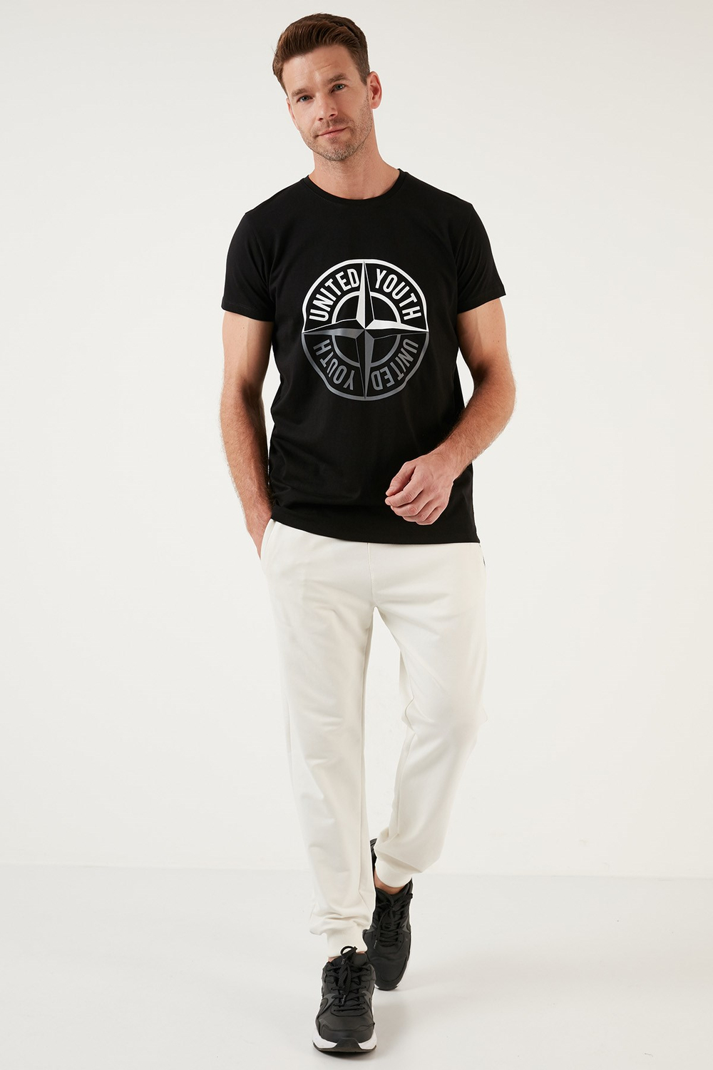 Pamuklu Slim Fit Bisiklet Yaka Baskılı 3lü Paket Erkek T Shirt 541S31 Antrasit-Siyah-Açık Gri