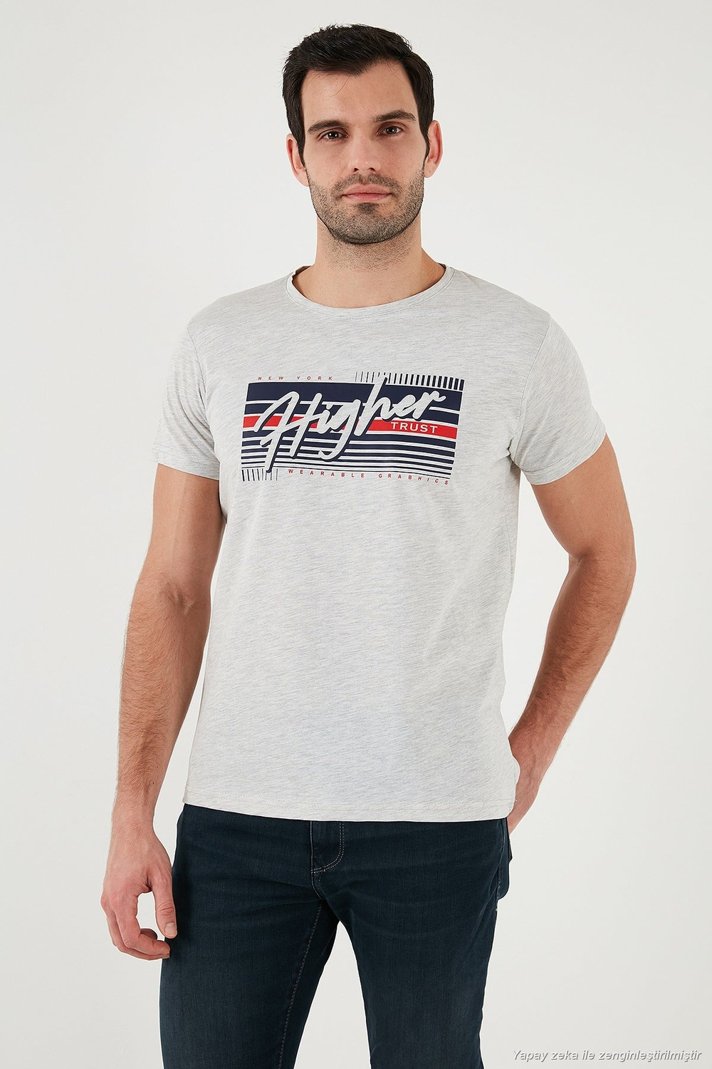 Pamuklu Slim Fit Bisiklet Yaka Baskılı Erkek T Shirt 541HIGHER AÇIK MELANJ