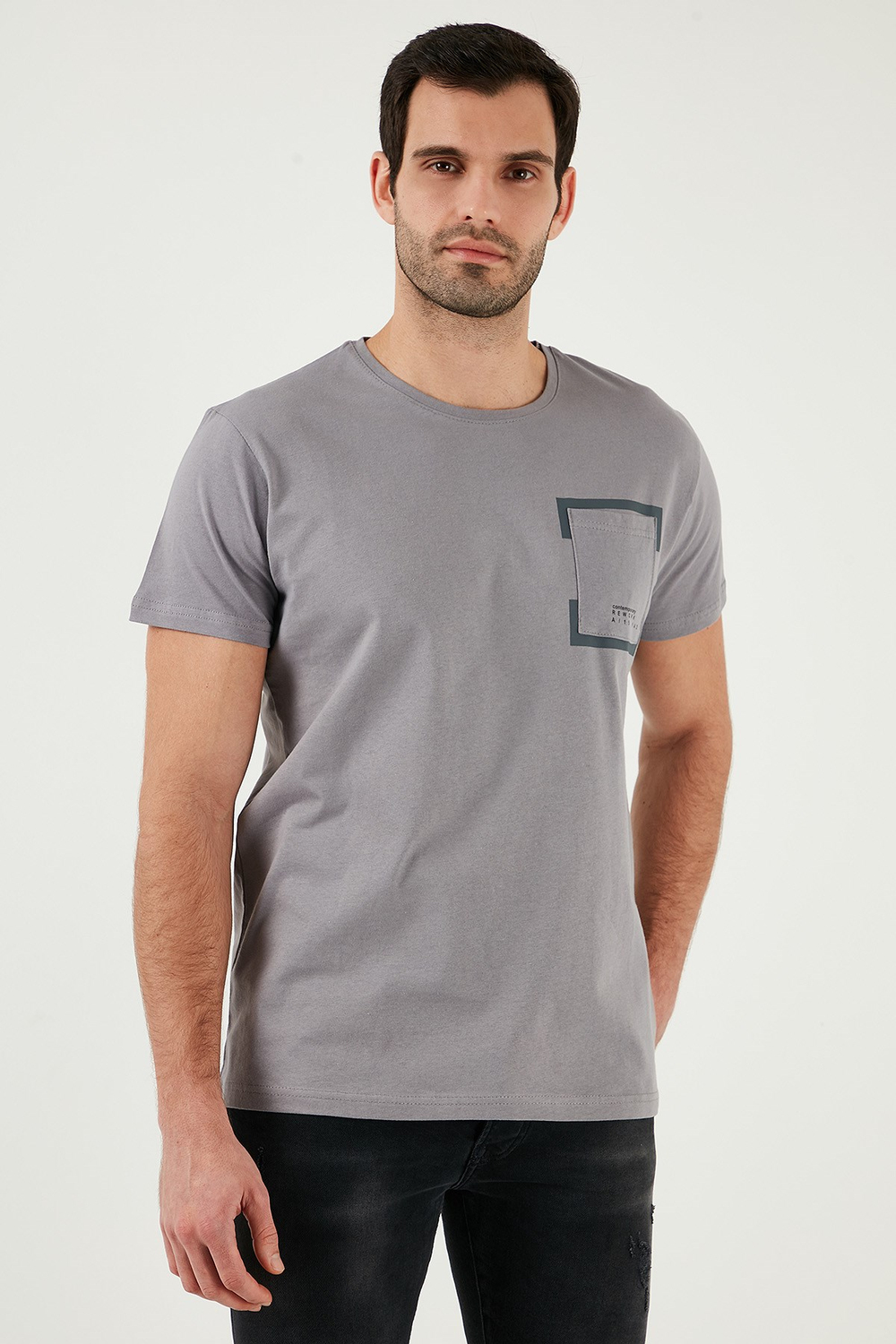 Pamuklu Slim Fit Bisiklet Yaka Baskılı 3lü Paket Erkek T Shirt 541S31 Antrasit-Siyah-Açık Gri