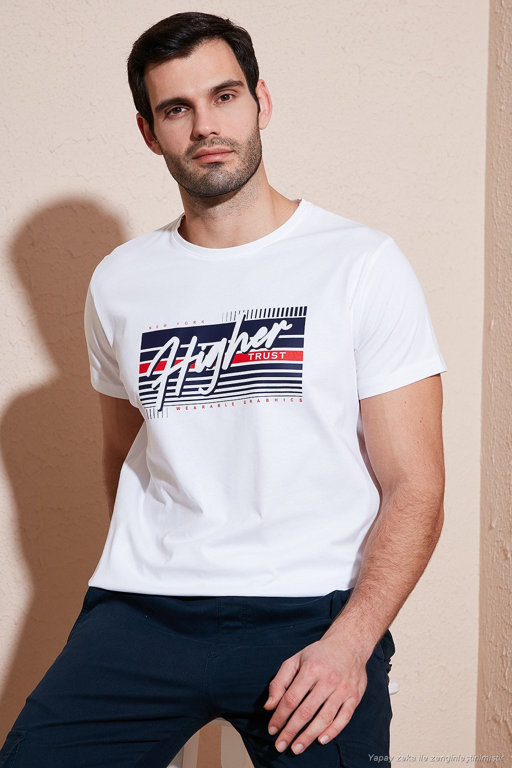 Pamuklu Slim Fit Bisiklet Yaka Baskılı Erkek T Shirt 541HIGHER BEYAZ