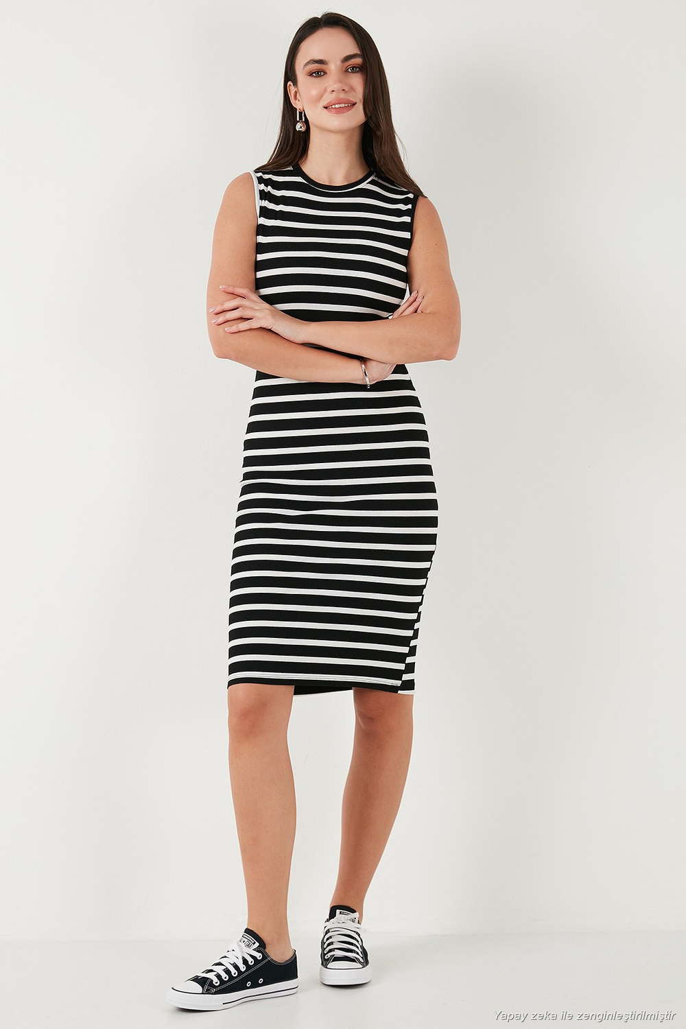 Pamuklu Slim Fit Bisiklet Yaka Çizgili Kadın Elbise 5866168 SİYAH-BEYAZ