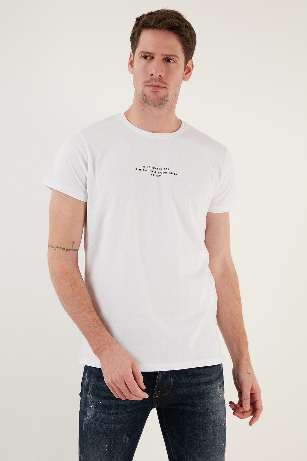 Pamuklu Slim Fit Bisiklet Yaka Erkek T Shirt 541IFIT BEYAZ
