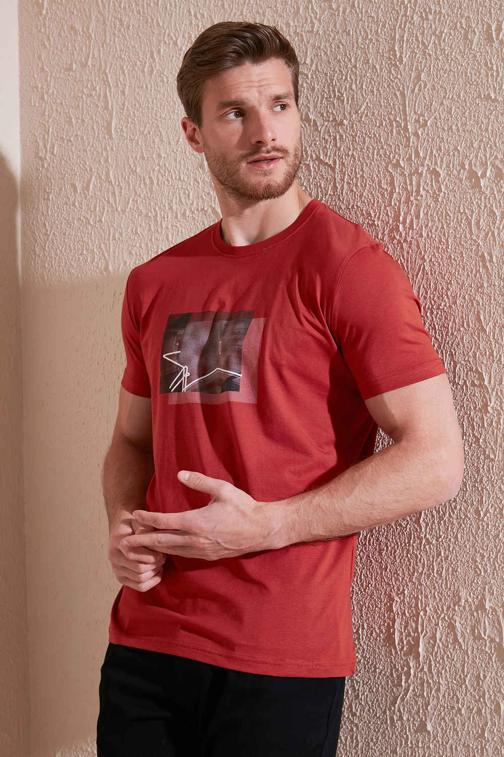 Pamuklu Slim Fit Bisiklet Yaka Erkek T Shirt 646R8120 Tarçın
