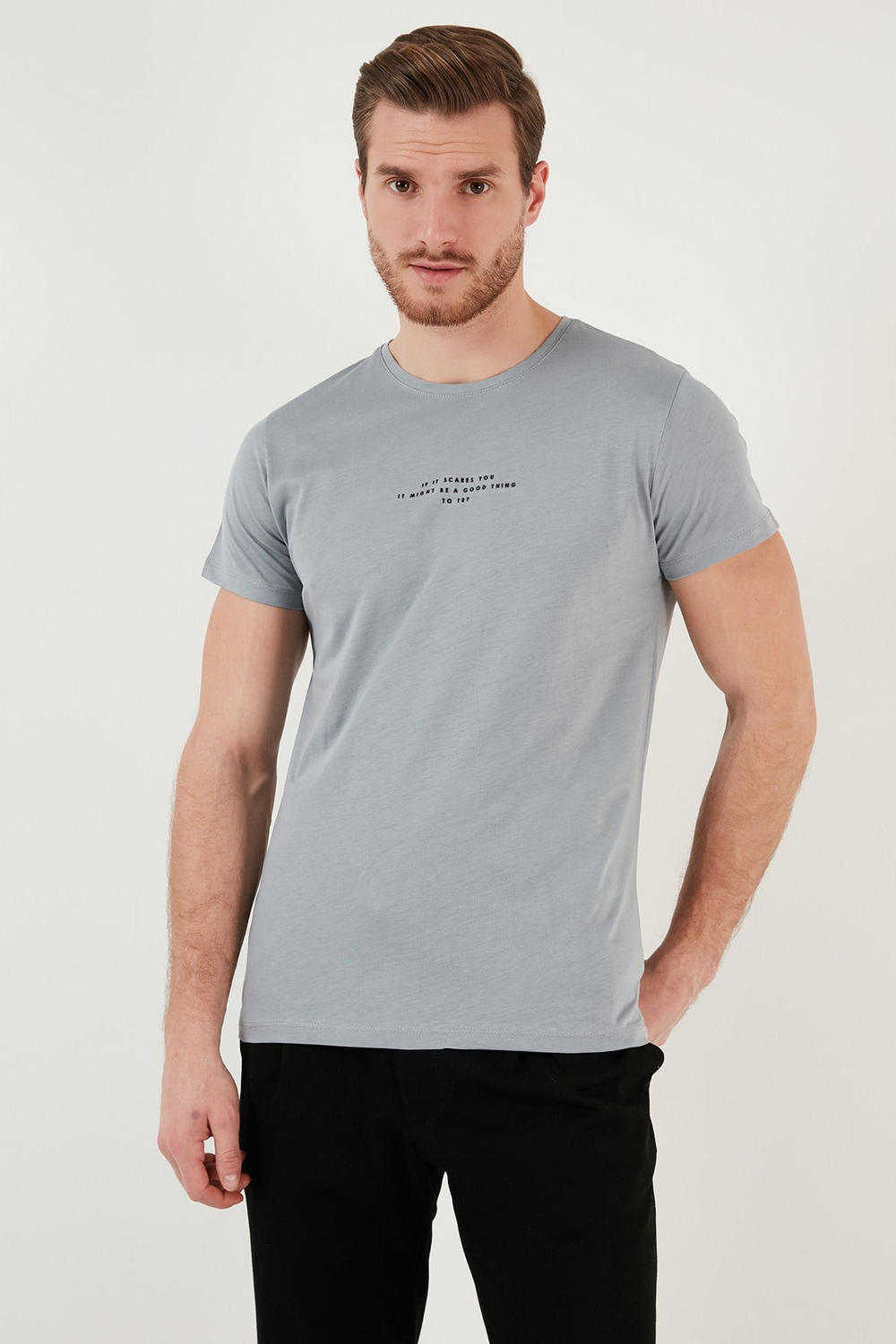 Pamuklu Slim Fit Bisiklet Yaka Erkek T Shirt 541IFIT AÇIK GRİ