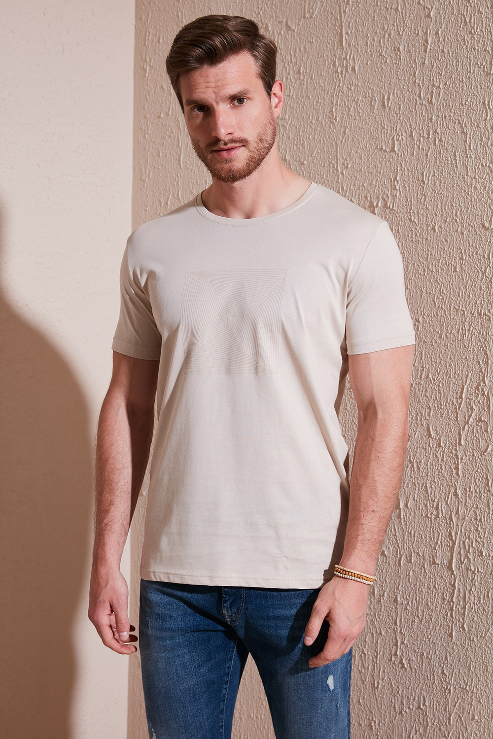 Pamuklu Slim Fit Bisiklet Yaka Erkek T Shirt 646R7940 BEJ
