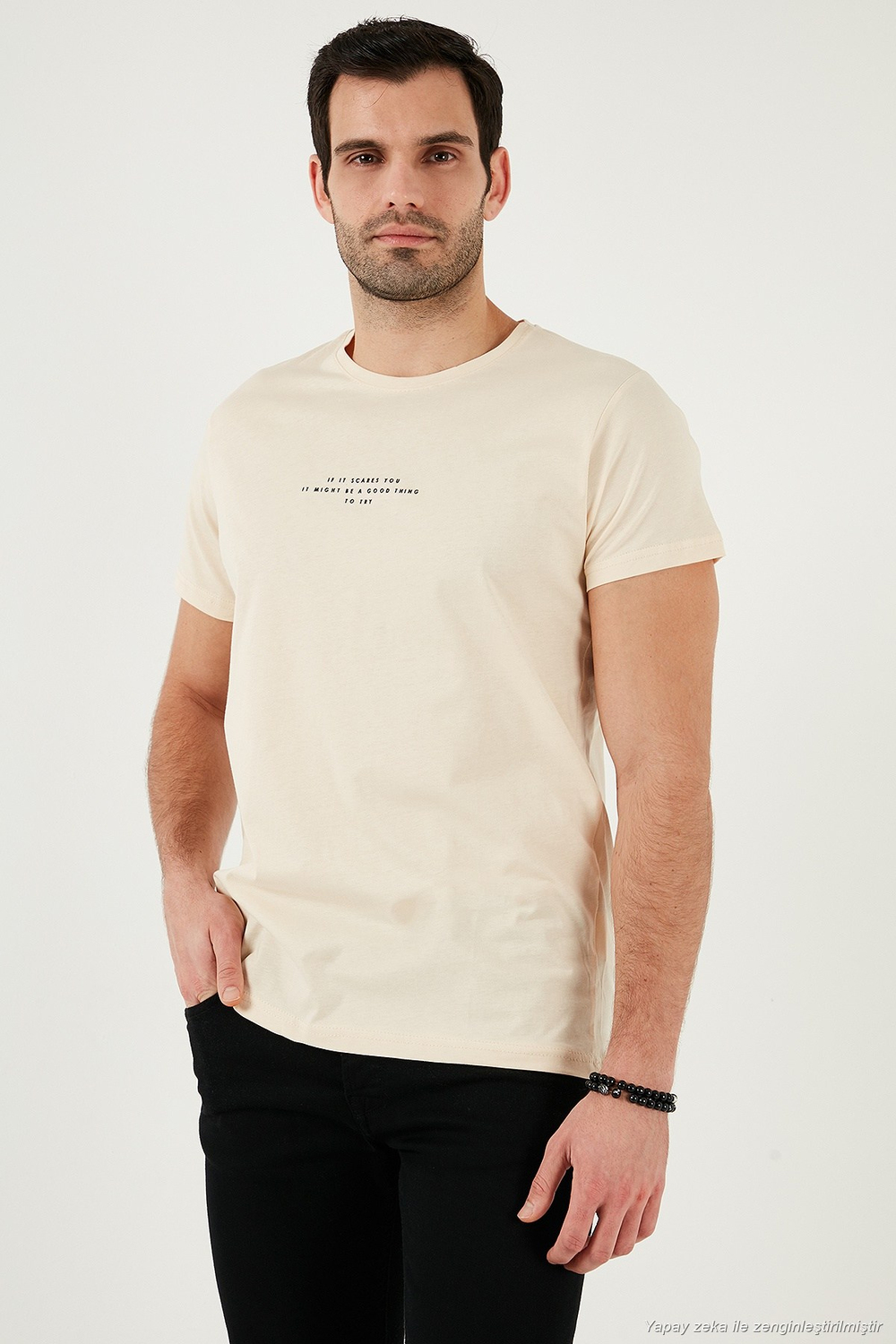 Pamuklu Slim Fit Bisiklet Yaka Erkek T Shirt 541IFIT BEJ