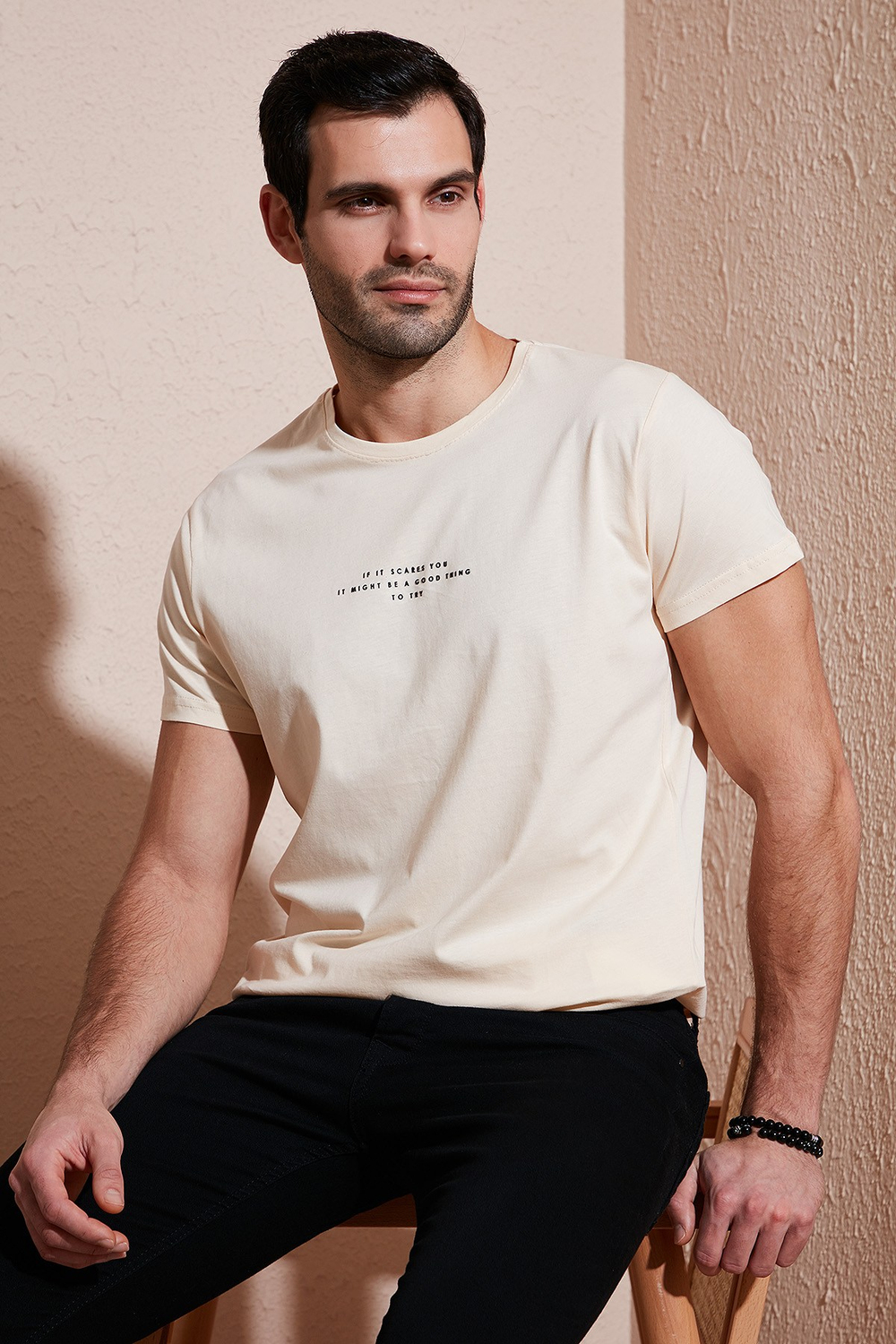 Pamuklu Slim Fit Bisiklet Yaka Erkek T Shirt 541IFIT BEJ