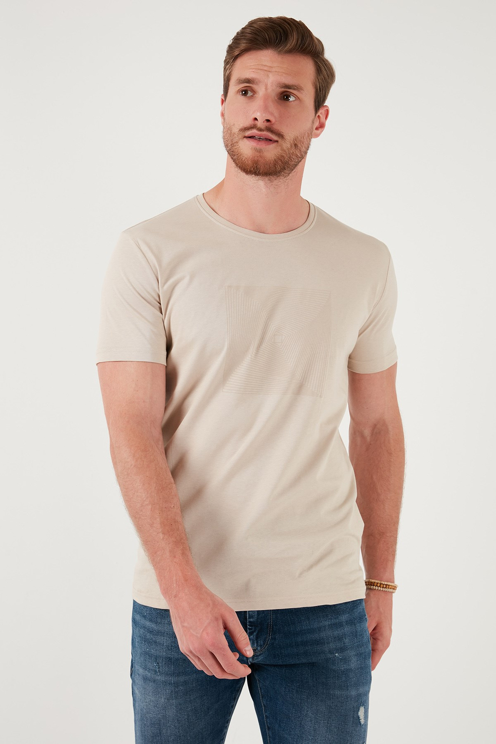 Pamuklu Slim Fit Bisiklet Yaka Erkek T Shirt 646R7940 BEJ