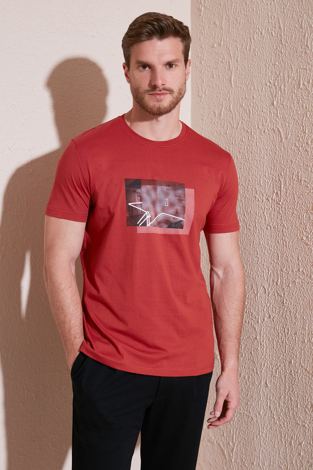 Pamuklu Slim Fit Bisiklet Yaka Erkek T Shirt 646R8120 Tarçın