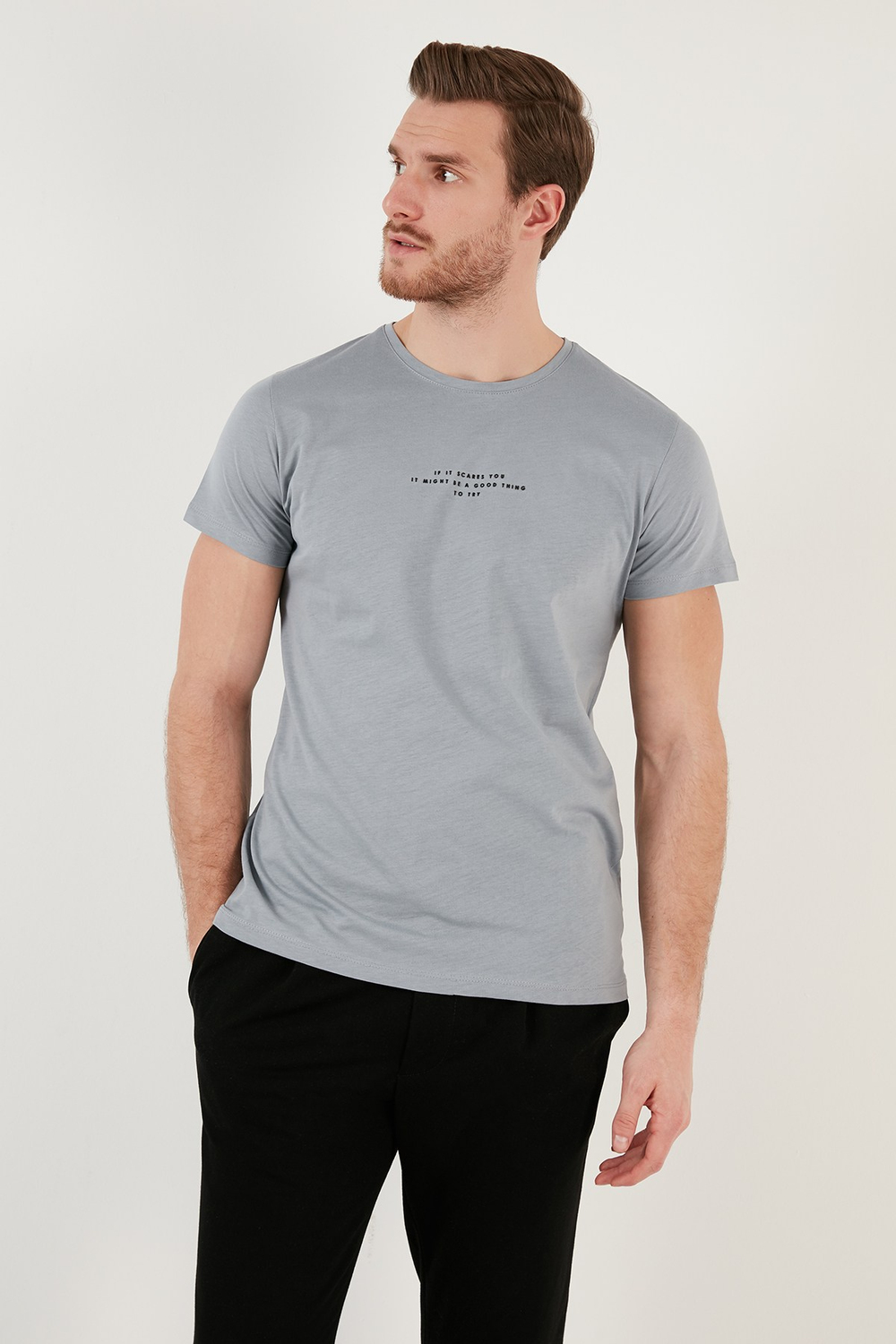 Pamuklu Slim Fit Bisiklet Yaka Erkek T Shirt 541IFIT AÇIK GRİ