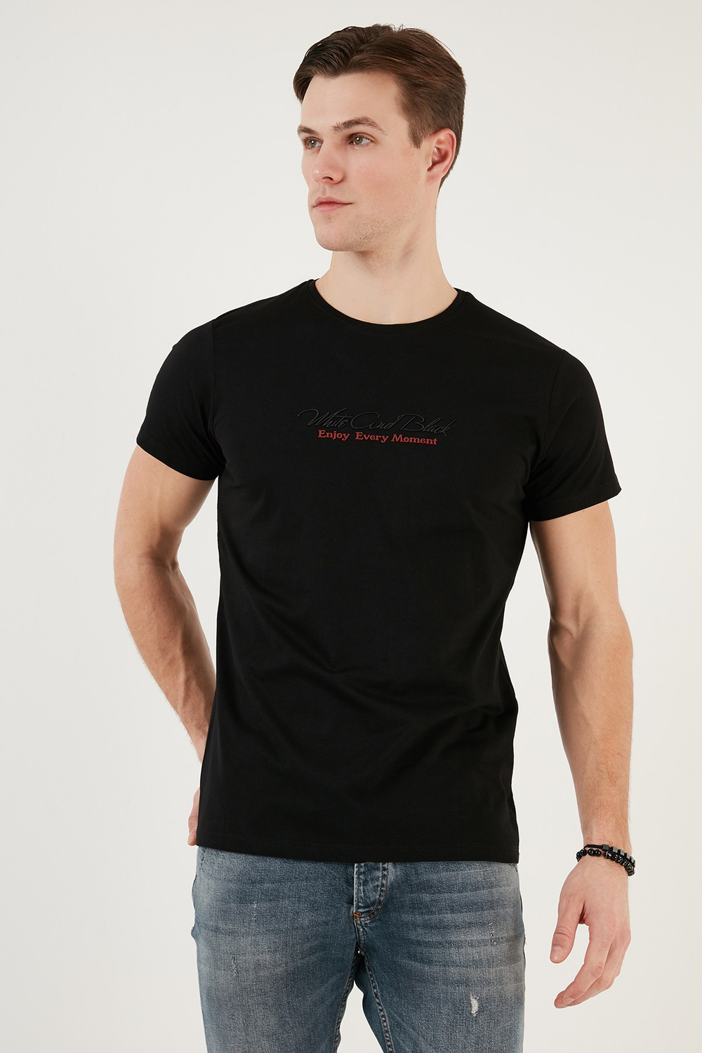 Pamuklu Slim Fit Bisiklet Yaka Yazılı Erkek T Shirt 541ENJOY SİYAH