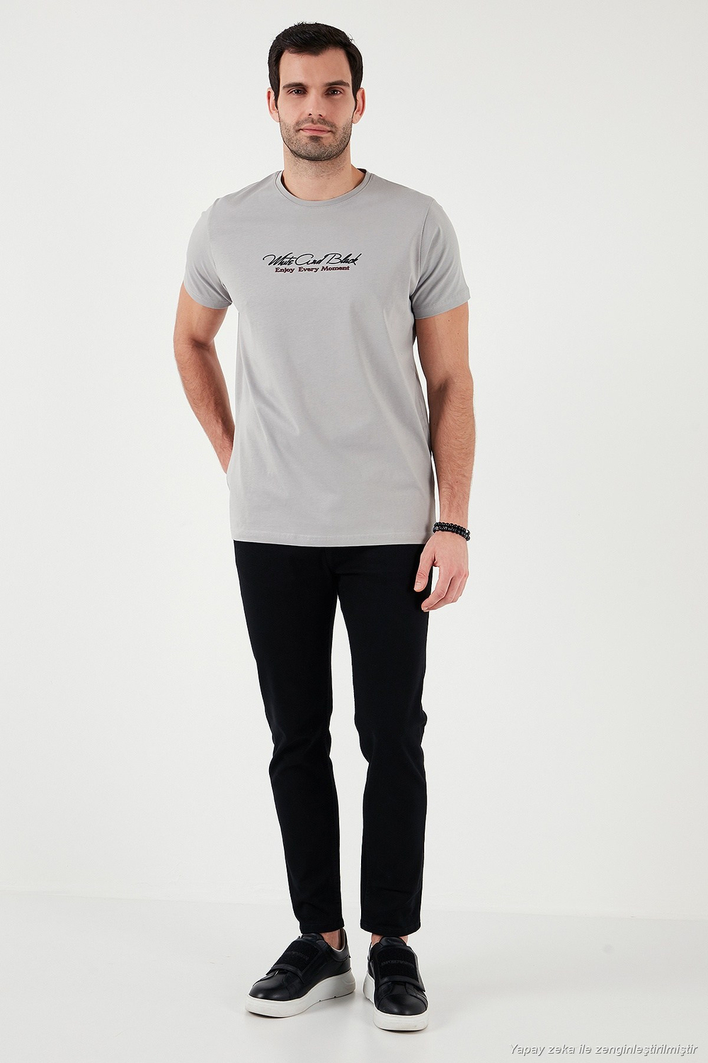 Pamuklu Slim Fit Bisiklet Yaka Yazılı Erkek T Shirt 541ENJOY AÇIK GRİ