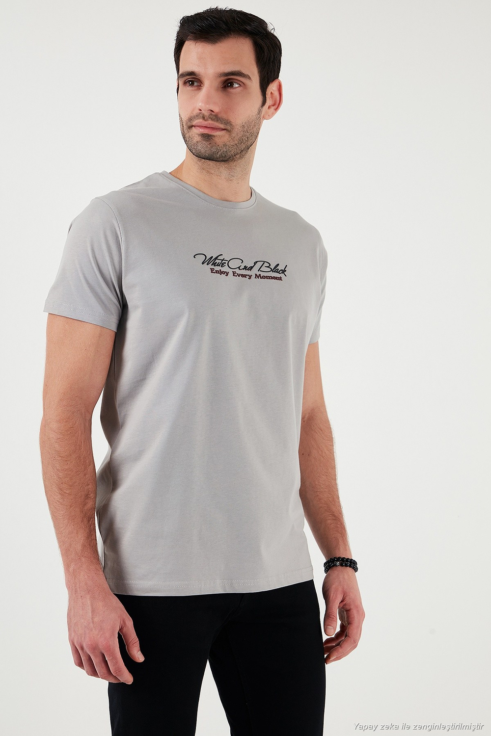 Pamuklu Slim Fit Bisiklet Yaka Yazılı Erkek T Shirt 541ENJOY AÇIK GRİ
