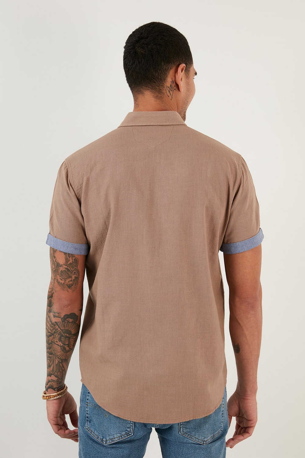 Pamuklu Slim Fit Düğmeli Yaka Kısa Kollu Erkek Gömlek CF21S112546 TOPRAK