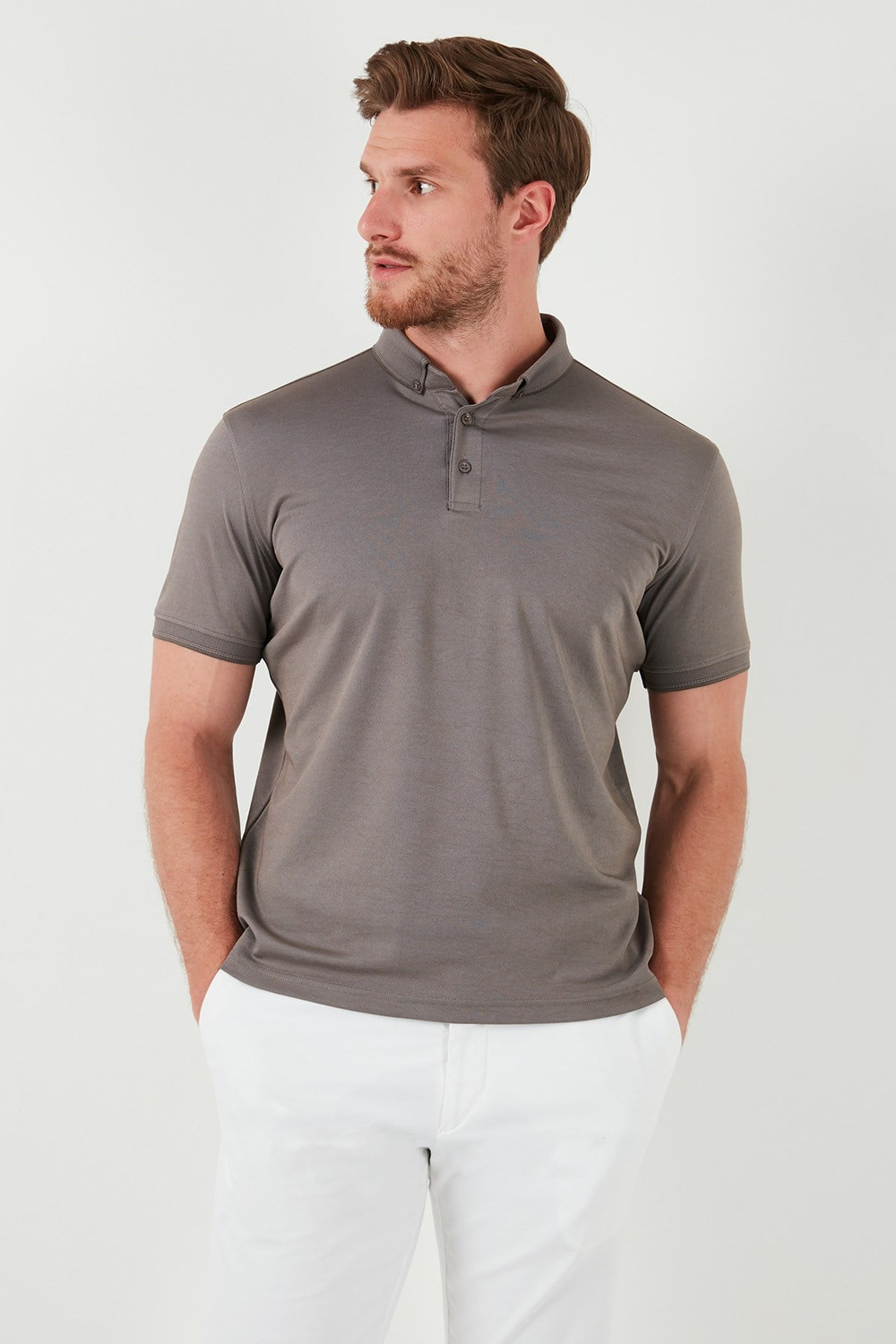 Pamuklu Slim Fit Erkek Polo Yaka T Shirt 646R1000 Vizon-Füme